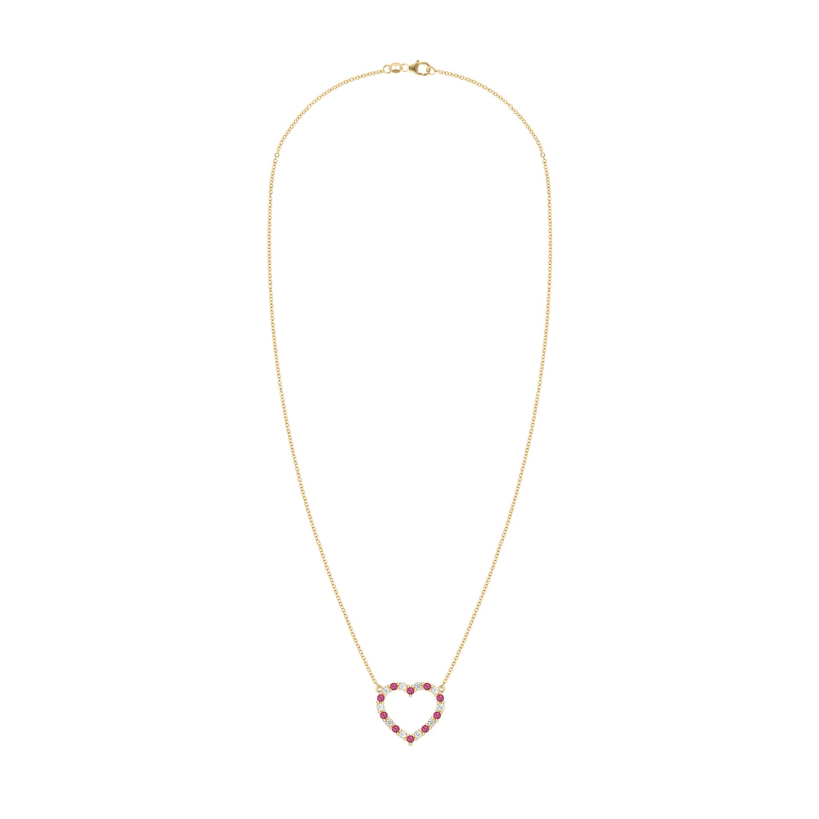 Rosecliff Heart Necklace featuring twenty alternating rubies and diamonds prong set in 14k yellow Gold