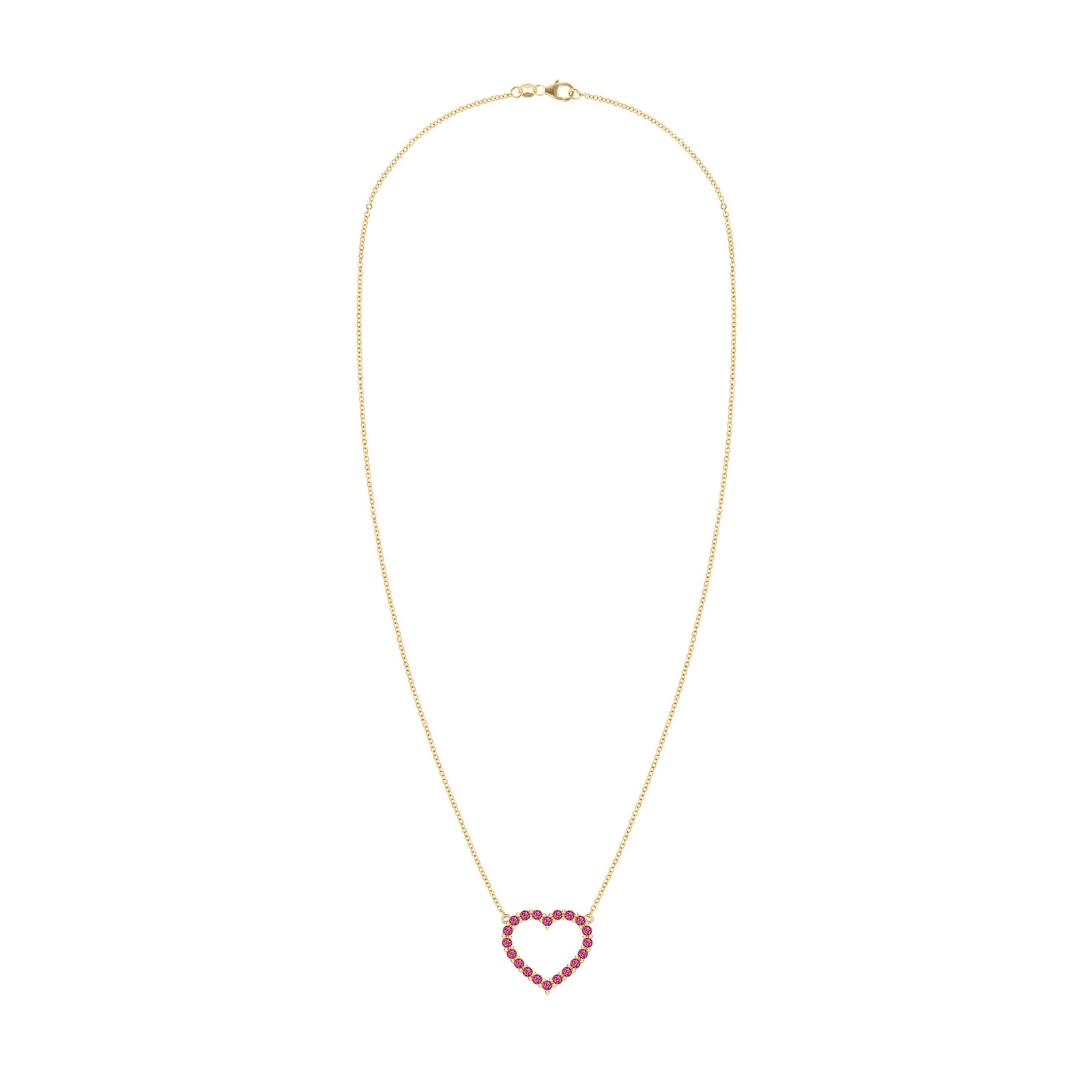 Rosecliff Heart Necklace featuring twenty faceted round cut rubies prong set in 14k yellow Gold