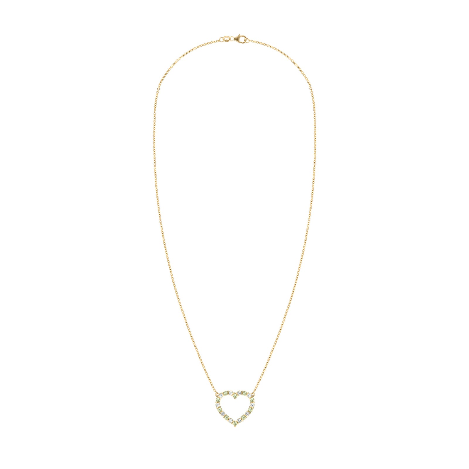 Rosecliff Heart Necklace featuring twenty alternating peridots and diamonds prong set in 14k yellow Gold