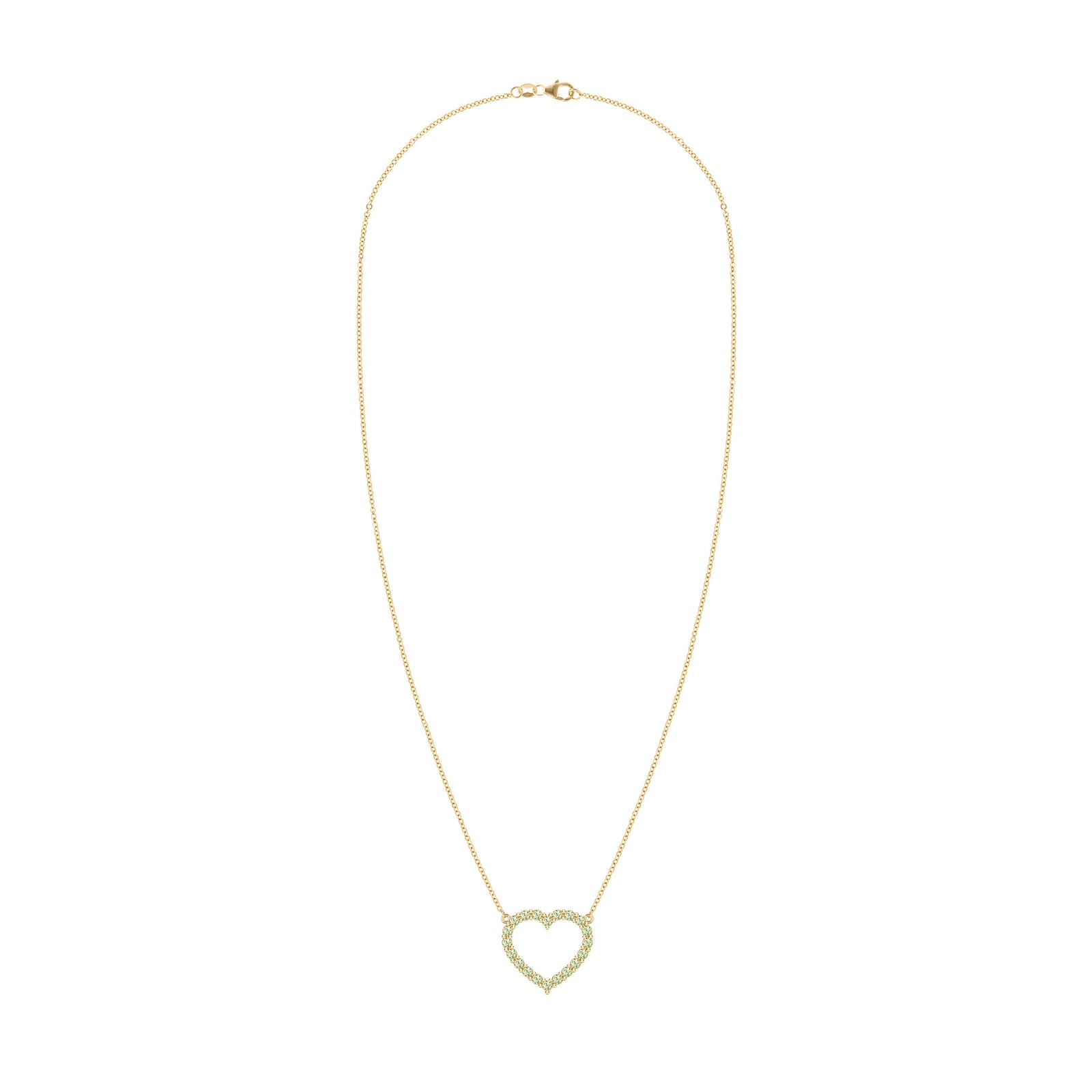Rosecliff Heart Necklace featuring twenty faceted round cut peridots prong set in 14k yellow Gold