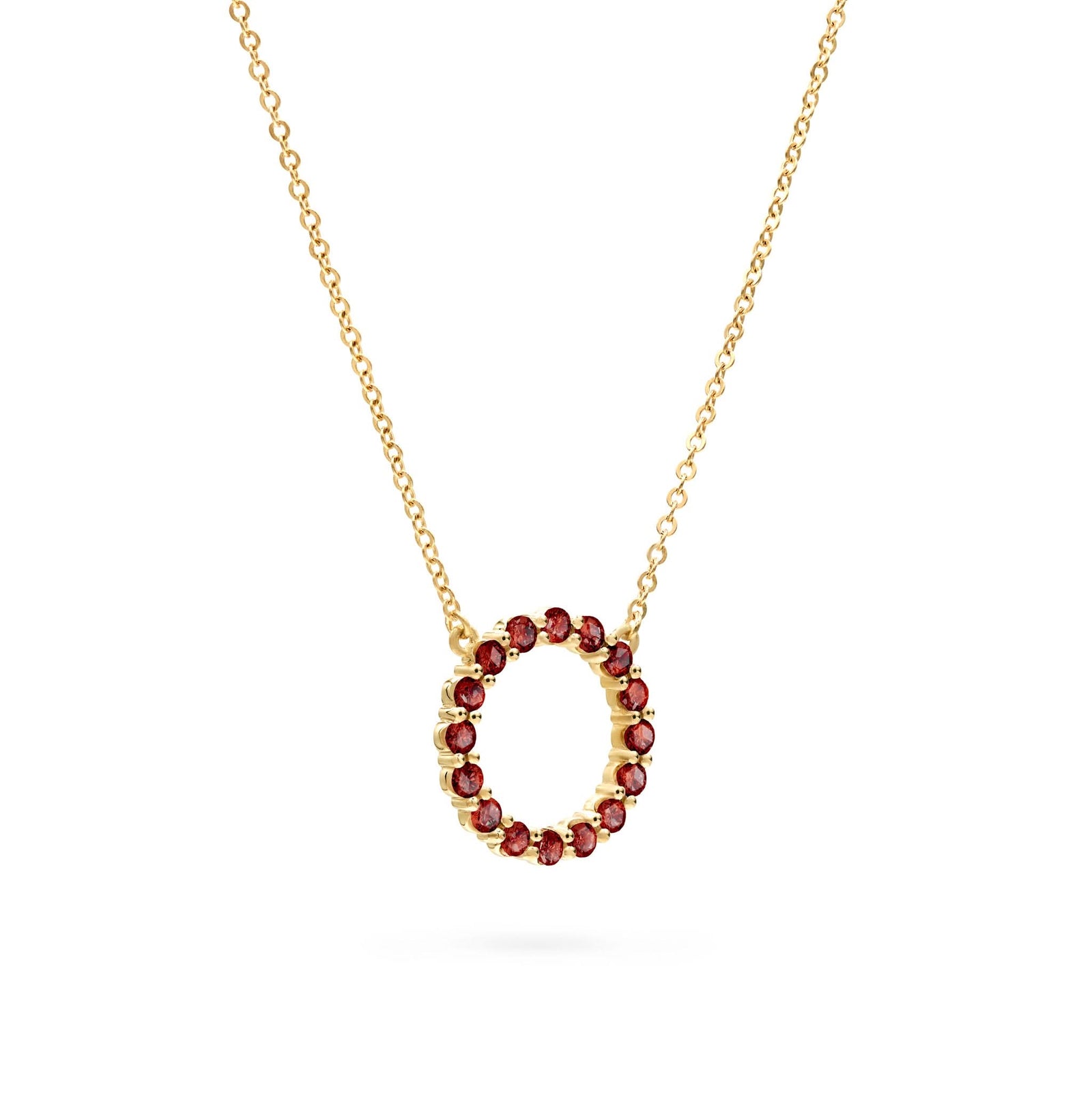Rosecliff open circle necklace with sixteen 2 mm faceted round cut garnets prong set in 14k yellow gold - angled view