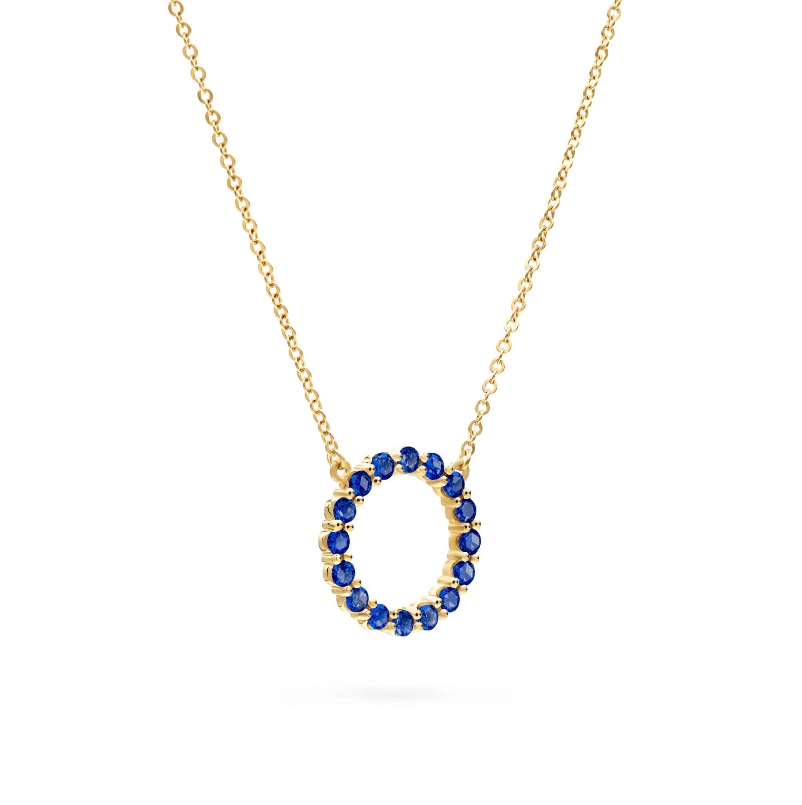 Rosecliff open circle necklace with sixteen 2 mm faceted round cut sapphires prong set in 14k yellow gold - angled view
