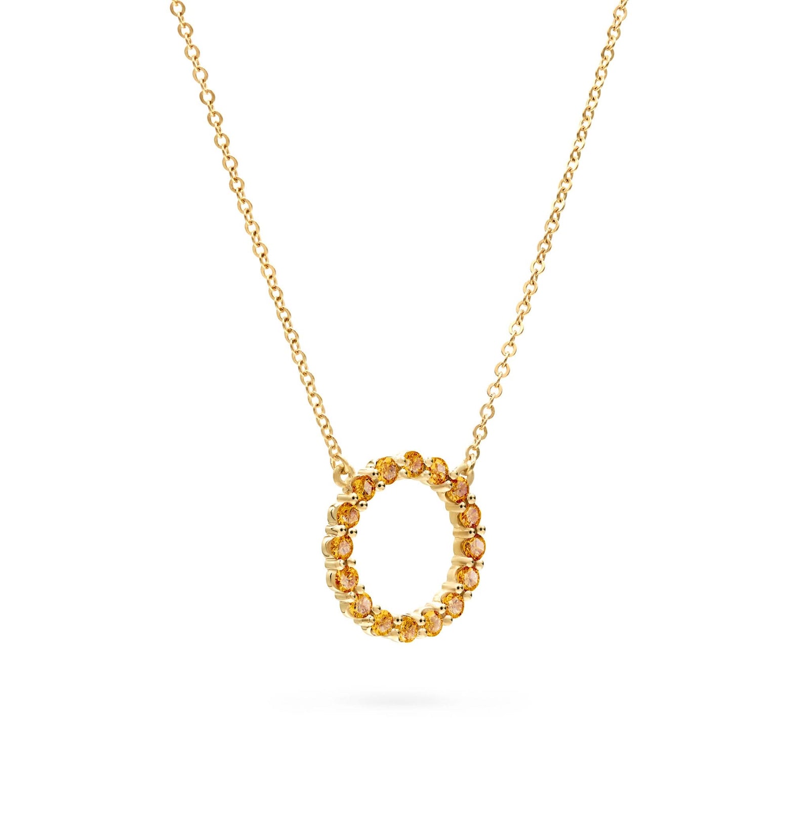 Rosecliff open circle necklace with sixteen 2 mm faceted round cut citrines prong set in 14k yellow gold - angled view