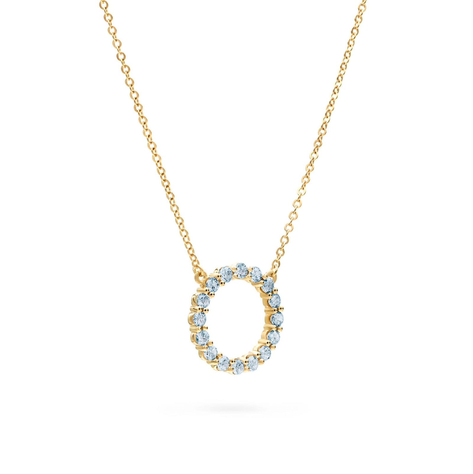 Rosecliff open circle necklace with sixteen 2 mm faceted round cut Nantucket blue topaz prong set in 14k gold - angled view