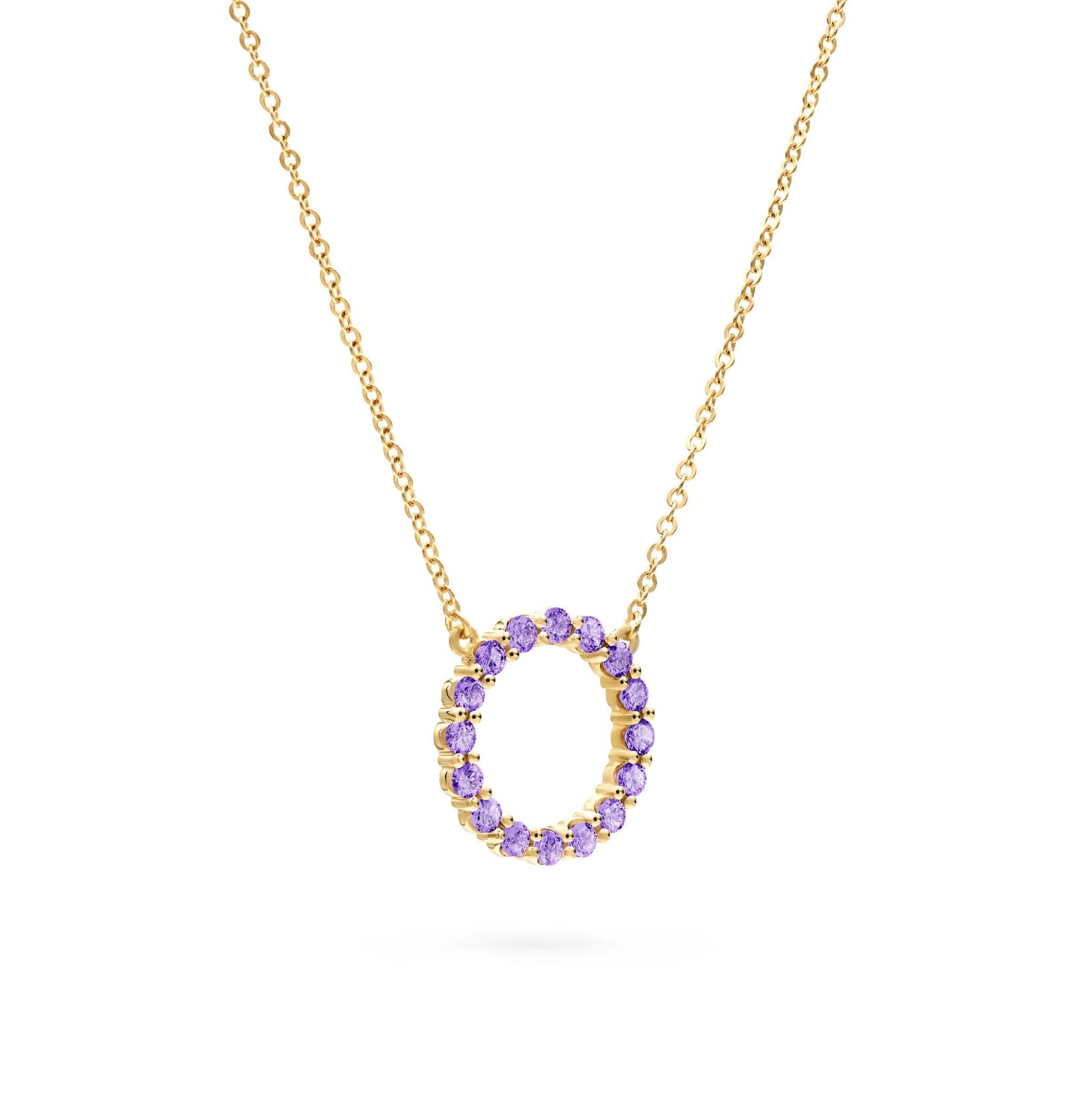 Rosecliff open circle necklace with sixteen 2 mm faceted round cut amethysts prong set in 14k yellow gold - angled view