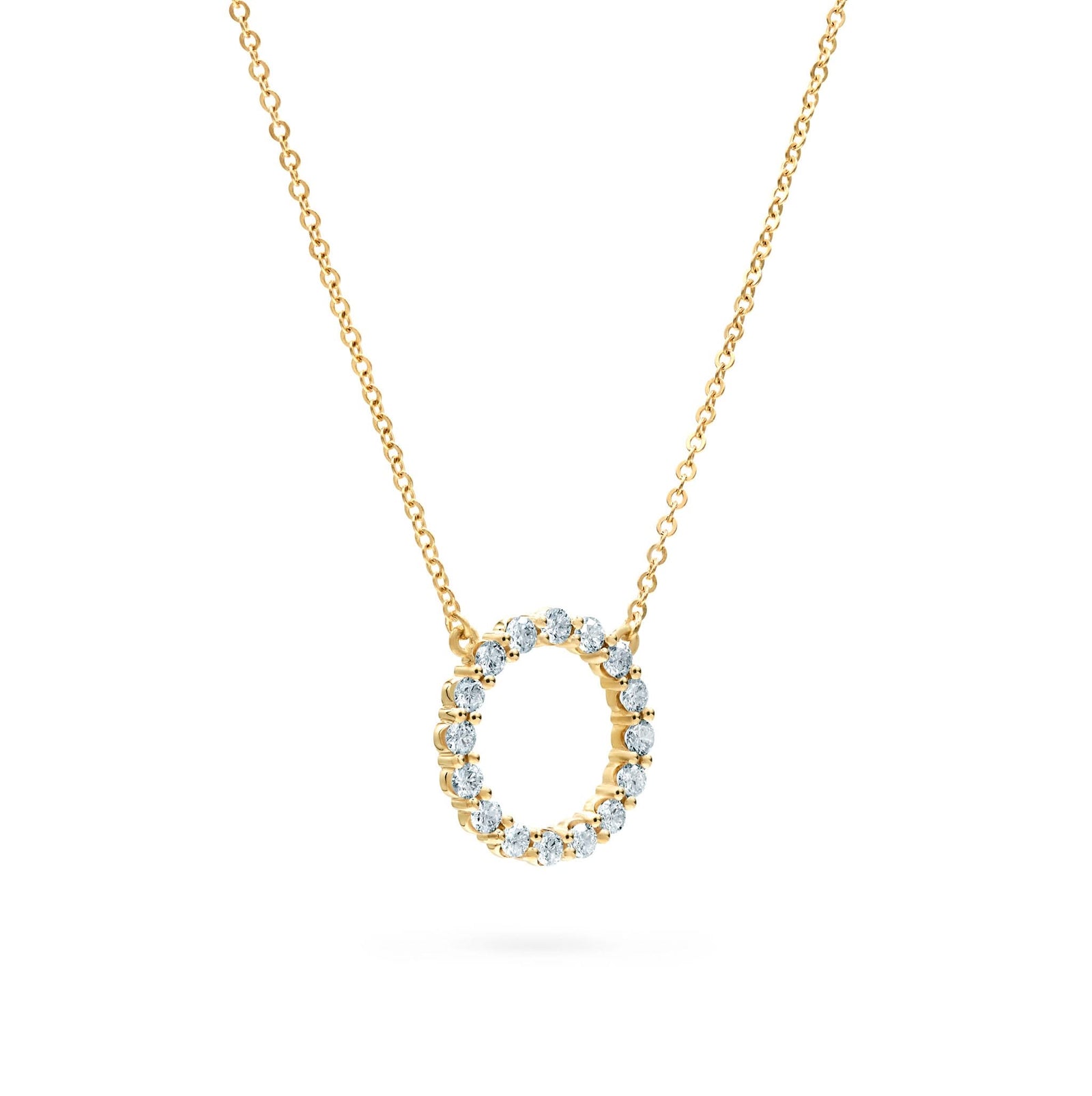 Rosecliff open circle necklace with sixteen 2 mm faceted round cut aquamarines prong set in 14k yellow gold - angled view