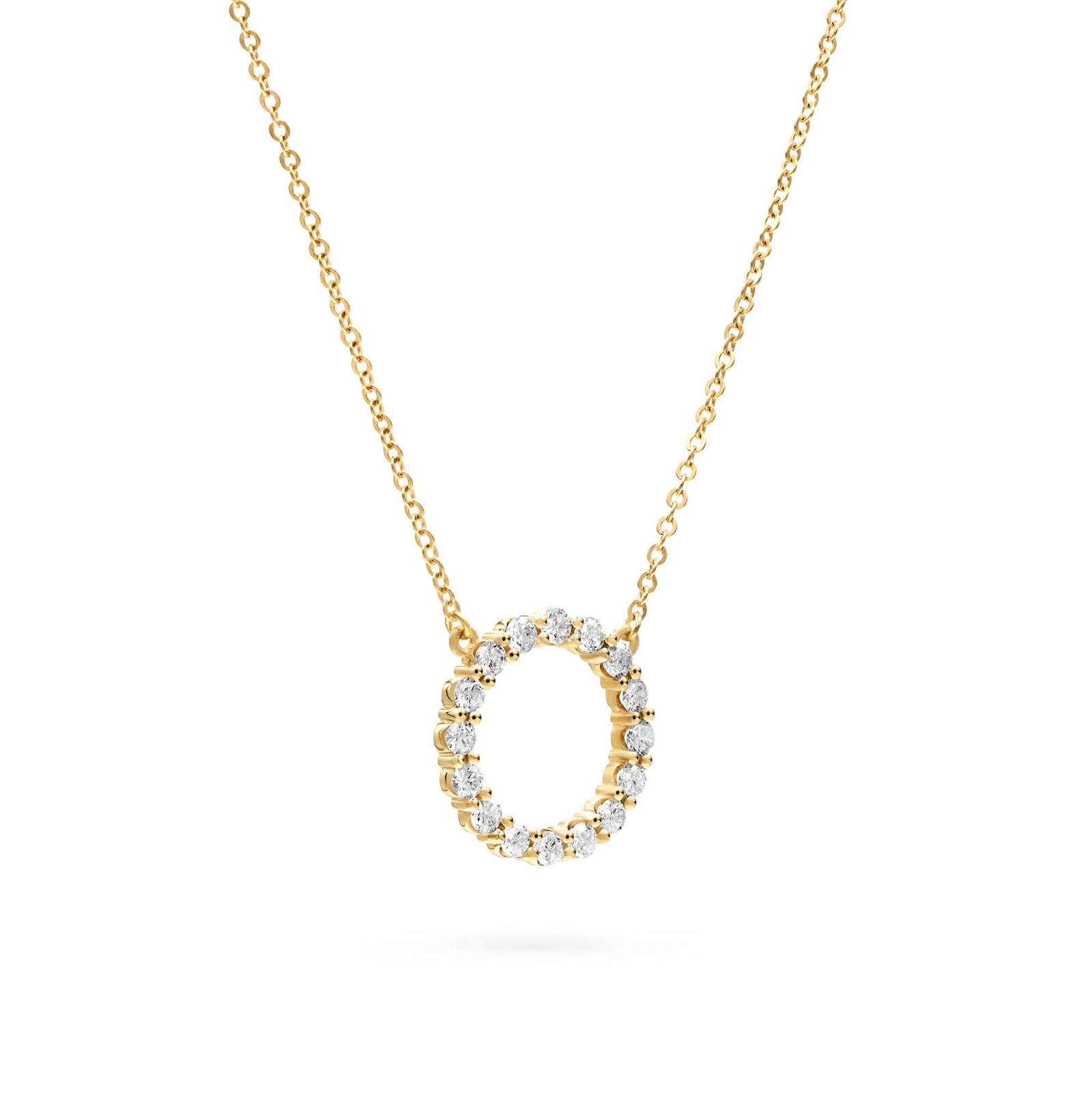 Rosecliff open circle necklace with sixteen 2 mm faceted round cut white topaz prong set in 14k yellow gold - angled view