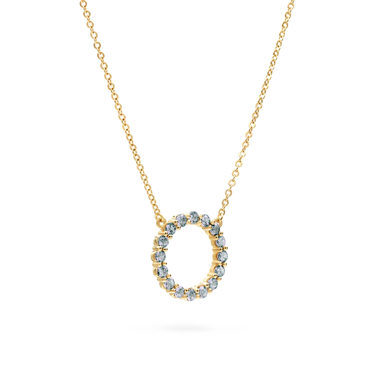 Rosecliff open circle necklace with sixteen 2 mm faceted round cut alexandrites prong set in 14k yellow gold - angled view