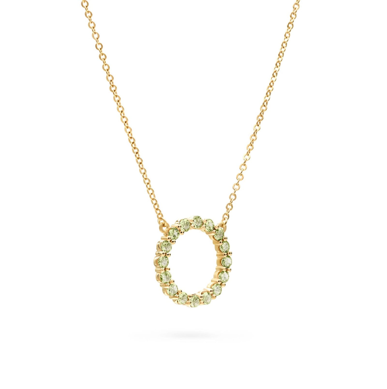 Rosecliff open circle necklace with sixteen 2 mm faceted round cut peridots prong set in 14k yellow gold - angled view