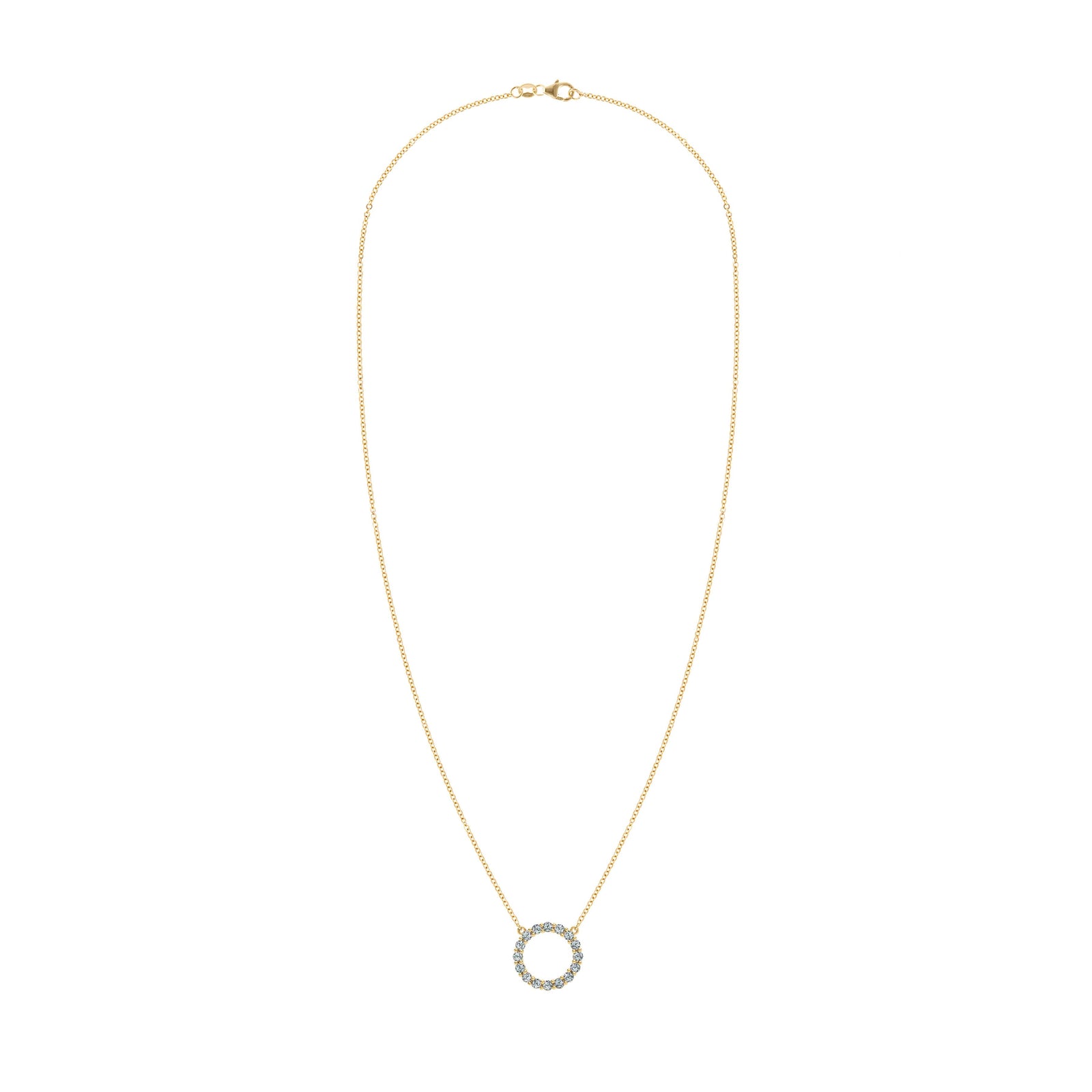 Rosecliff open circle necklace with sixteen 2 mm faceted round cut alexandrites prong set in 14k yellow gold