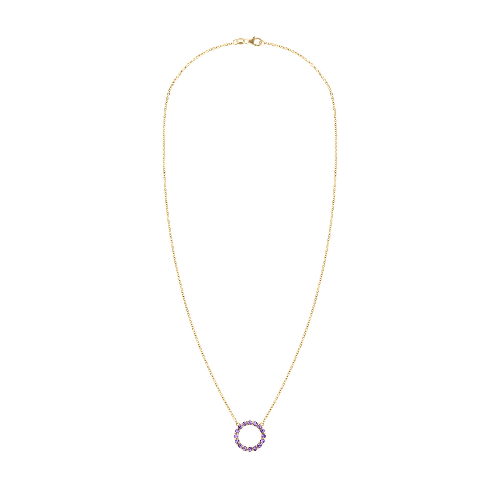 Rosecliff open circle necklace with sixteen 2 mm faceted round cut amethysts prong set in 14k yellow gold