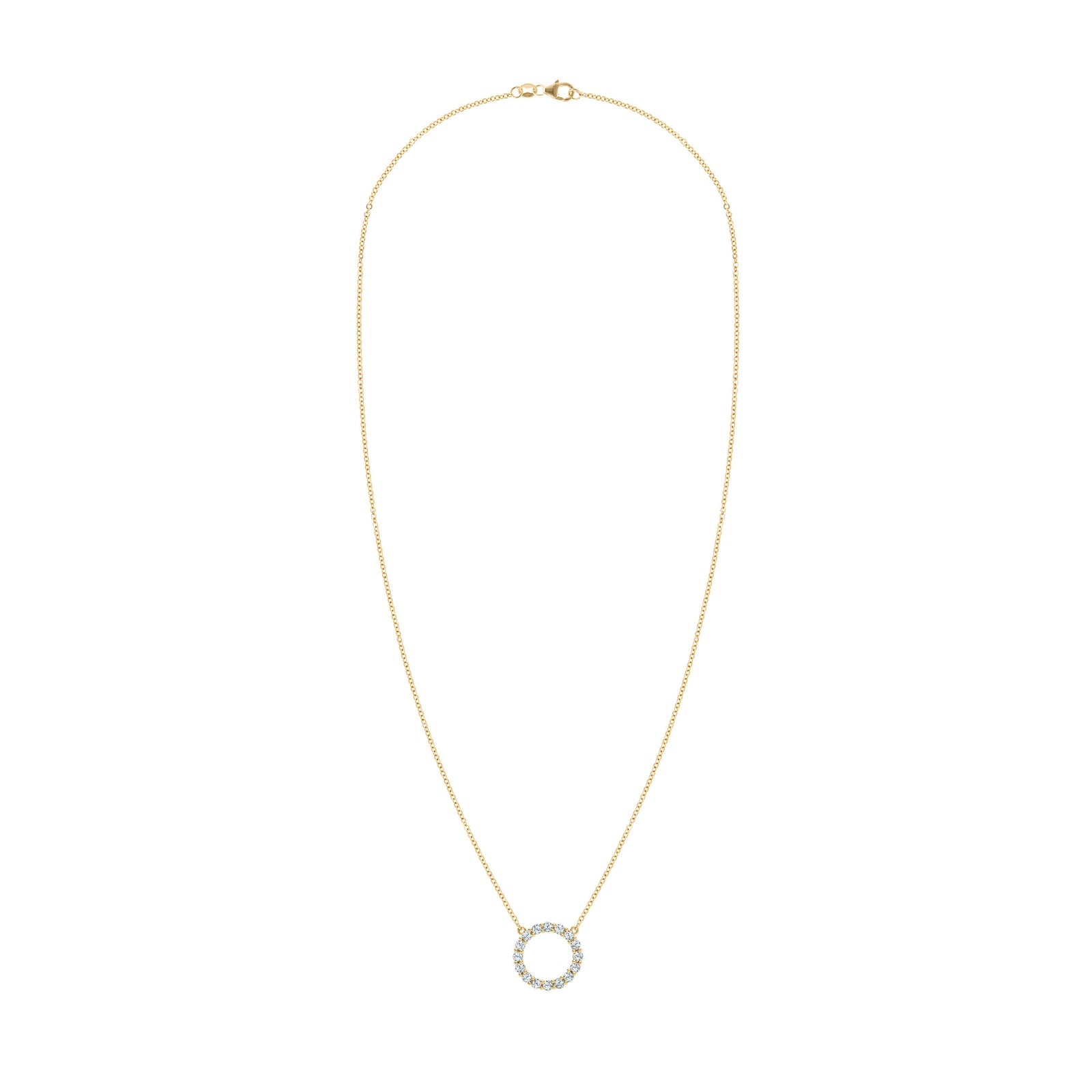 Rosecliff open circle necklace with sixteen 2 mm faceted round cut aquamarines prong set in 14k yellow gold
