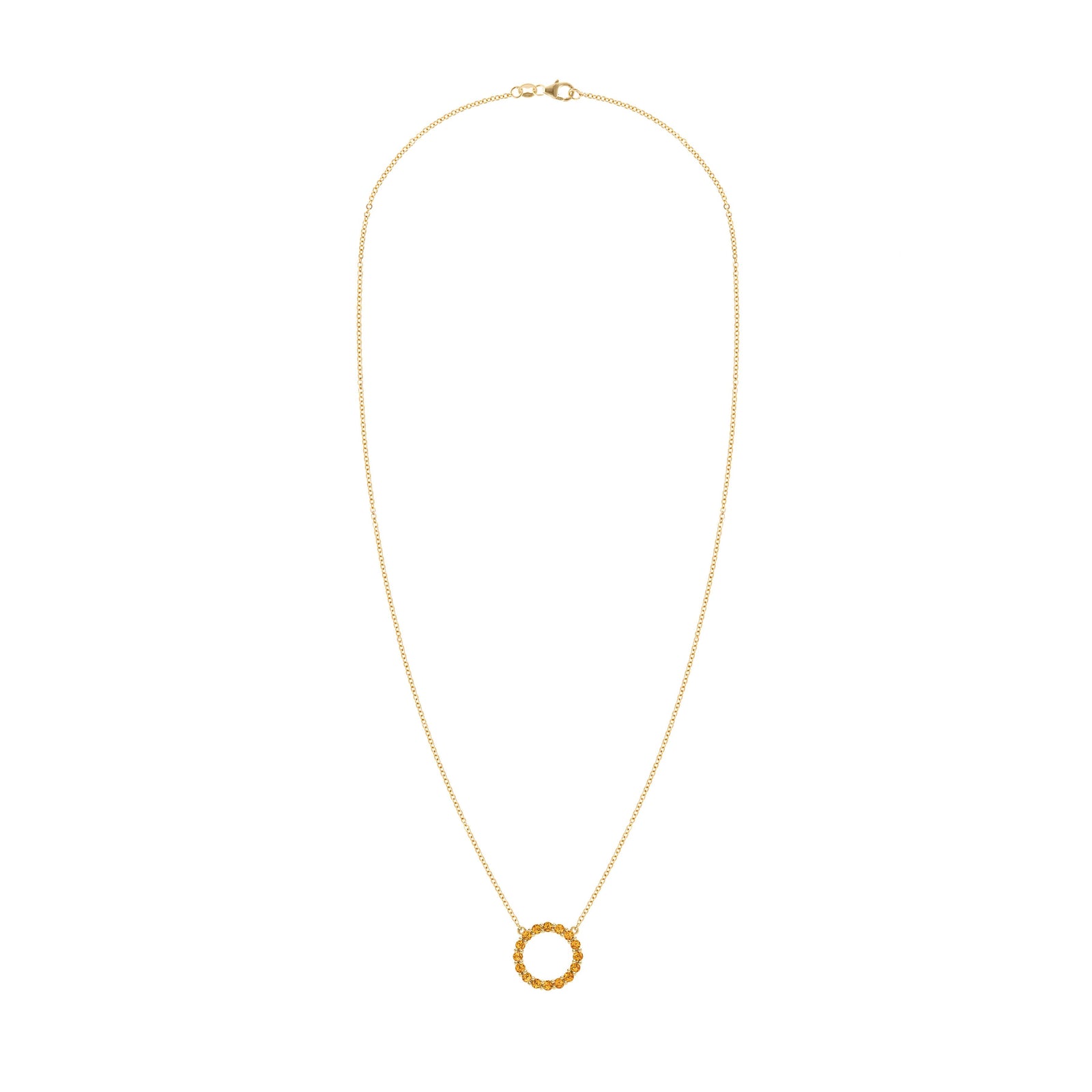 Rosecliff open circle necklace with sixteen 2 mm faceted round cut citrines prong set in 14k yellow gold