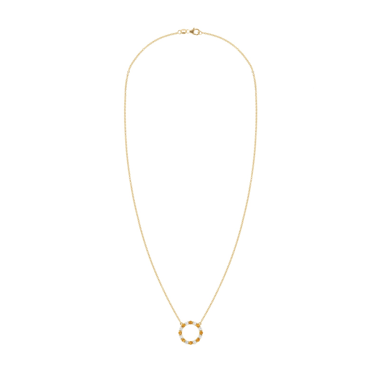 Rosecliff open circle necklace with sixteen alternating 2 mm round cut diamonds & citrines prong set in 14k yellow gold
