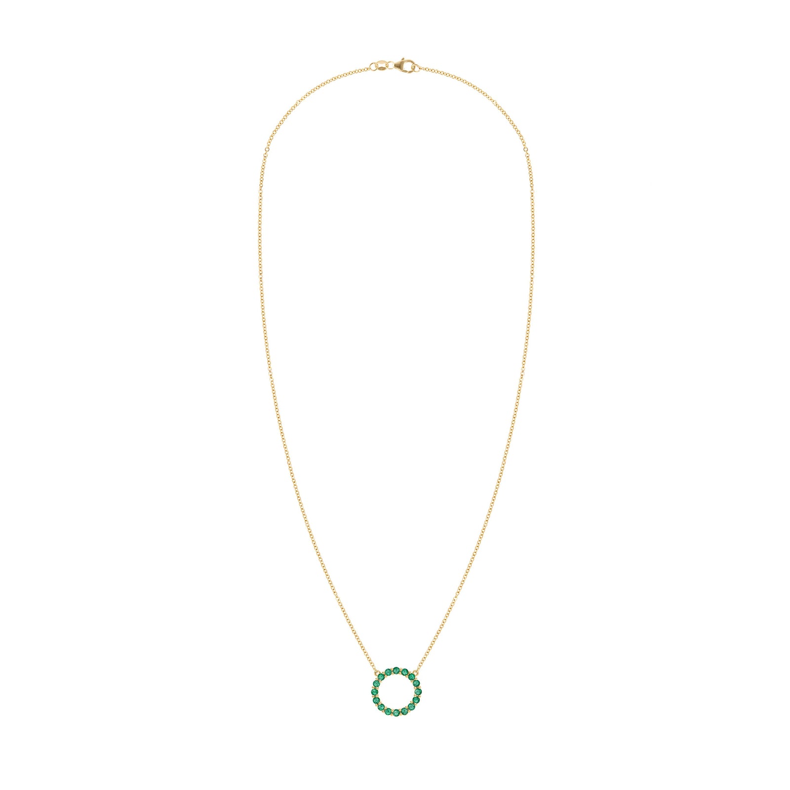 Rosecliff open circle necklace with sixteen 2 mm faceted round cut emeralds prong set in 14k yellow gold