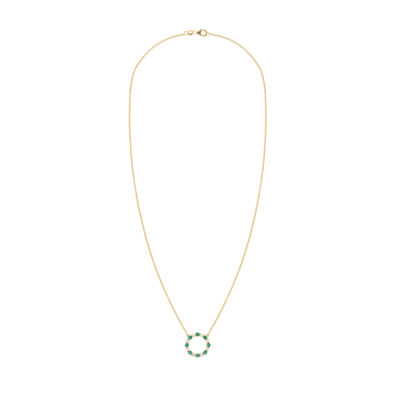 Rosecliff open circle necklace with sixteen alternating 2 mm faceted round cut emeralds & diamonds prong set in 14k gold
