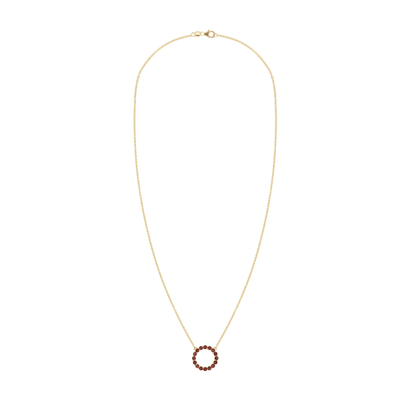 Rosecliff open circle necklace with sixteen 2 mm faceted round cut garnets prong set in 14k yellow gold