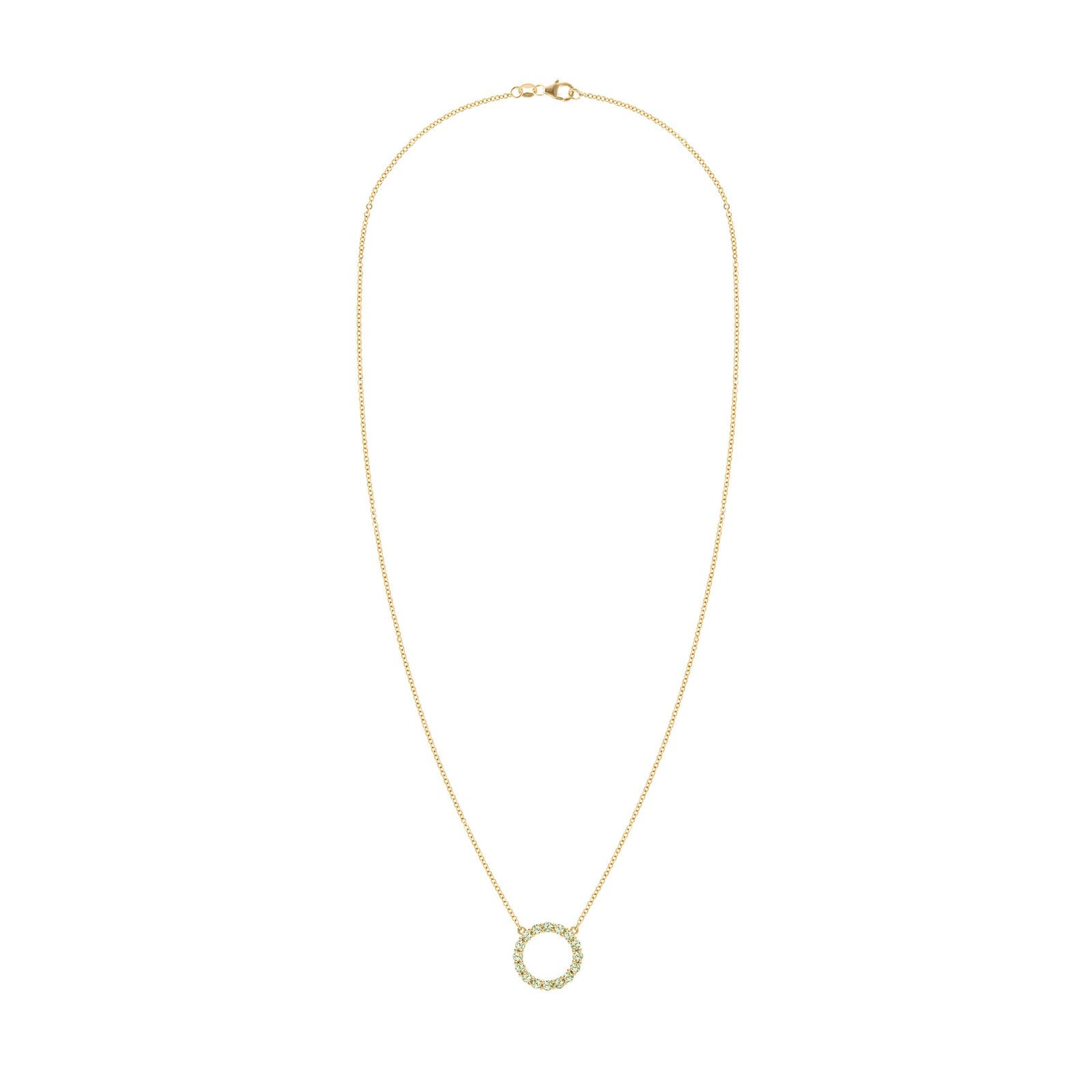 Rosecliff open circle necklace with sixteen 2 mm faceted round cut peridots prong set in 14k yellow gold