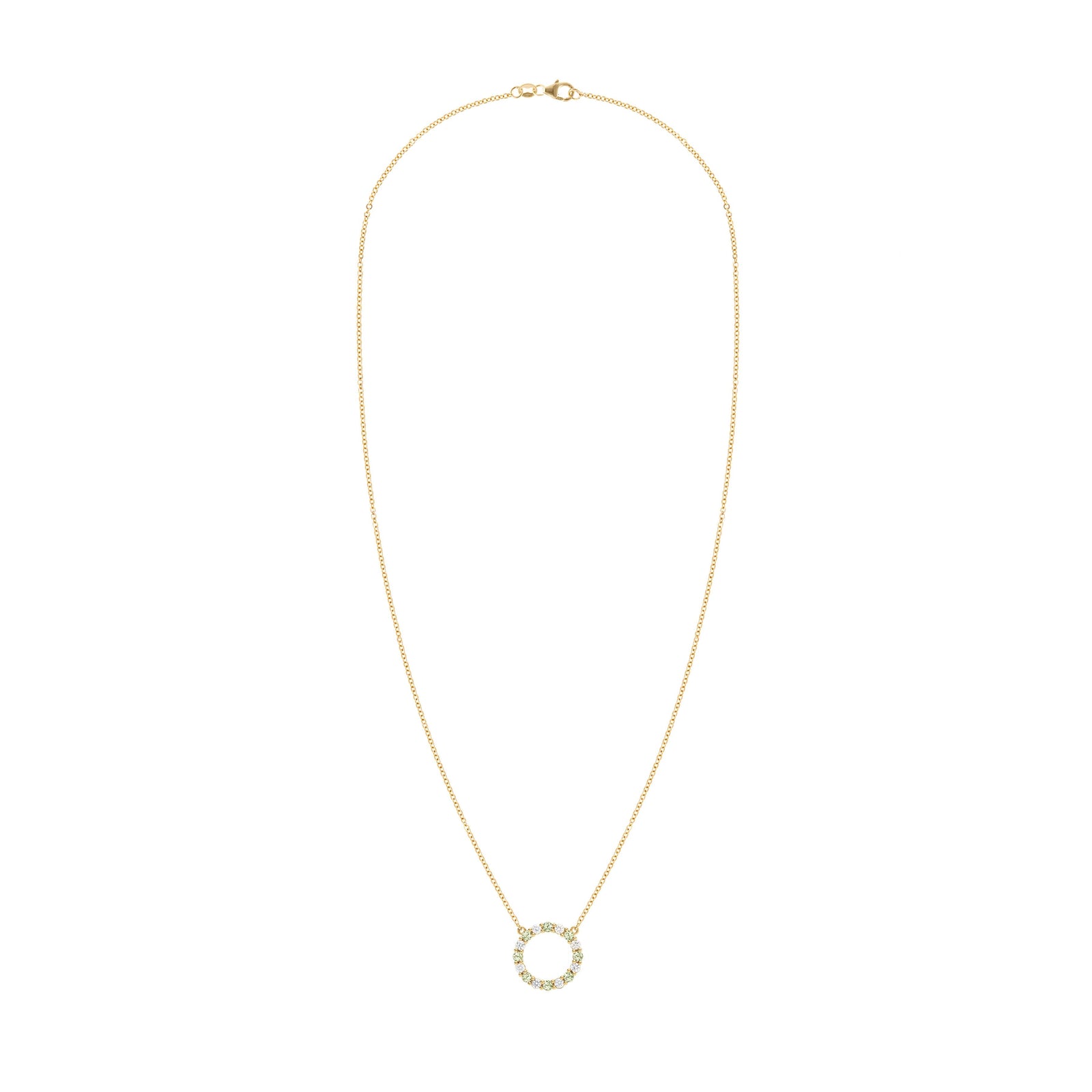 Rosecliff open circle necklace with sixteen alternating 2 mm faceted round cut peridots & diamonds prong set in 14k gold