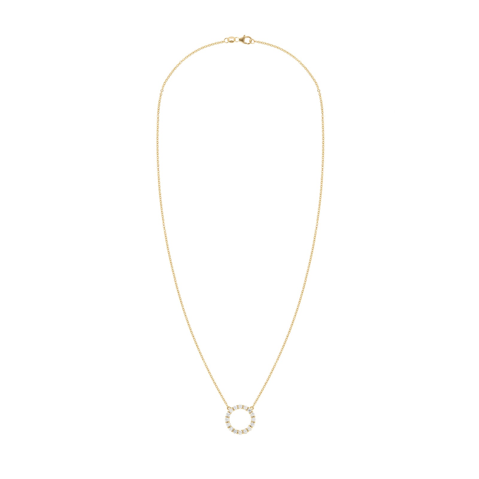 Rosecliff open circle necklace with sixteen 2 mm faceted round cut white topaz prong set in 14k yellow gold