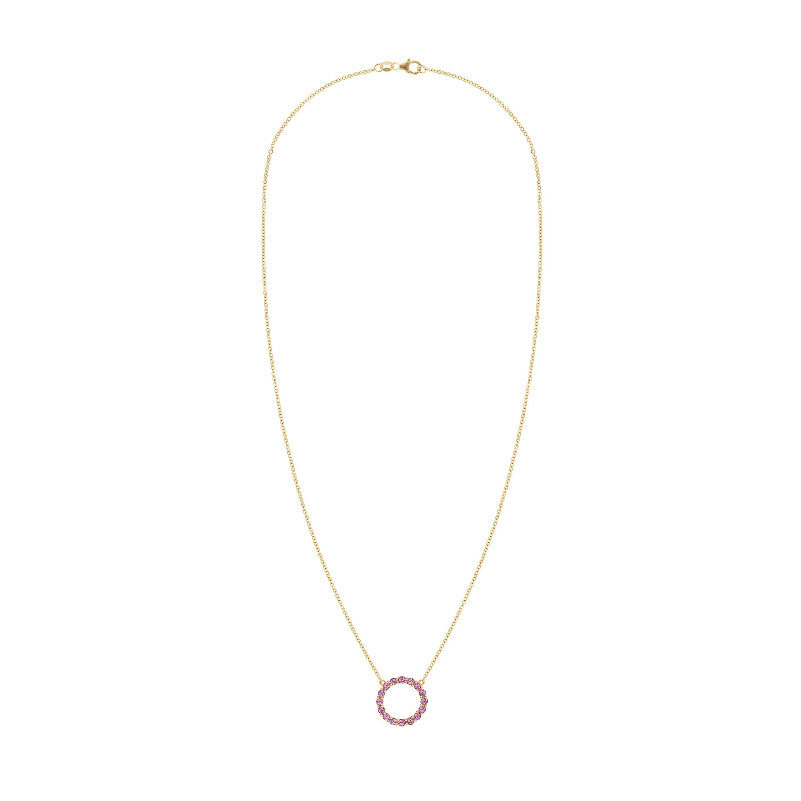 Rosecliff open circle necklace with sixteen 2 mm faceted round cut pink tourmalines prong set in 14k yellow gold