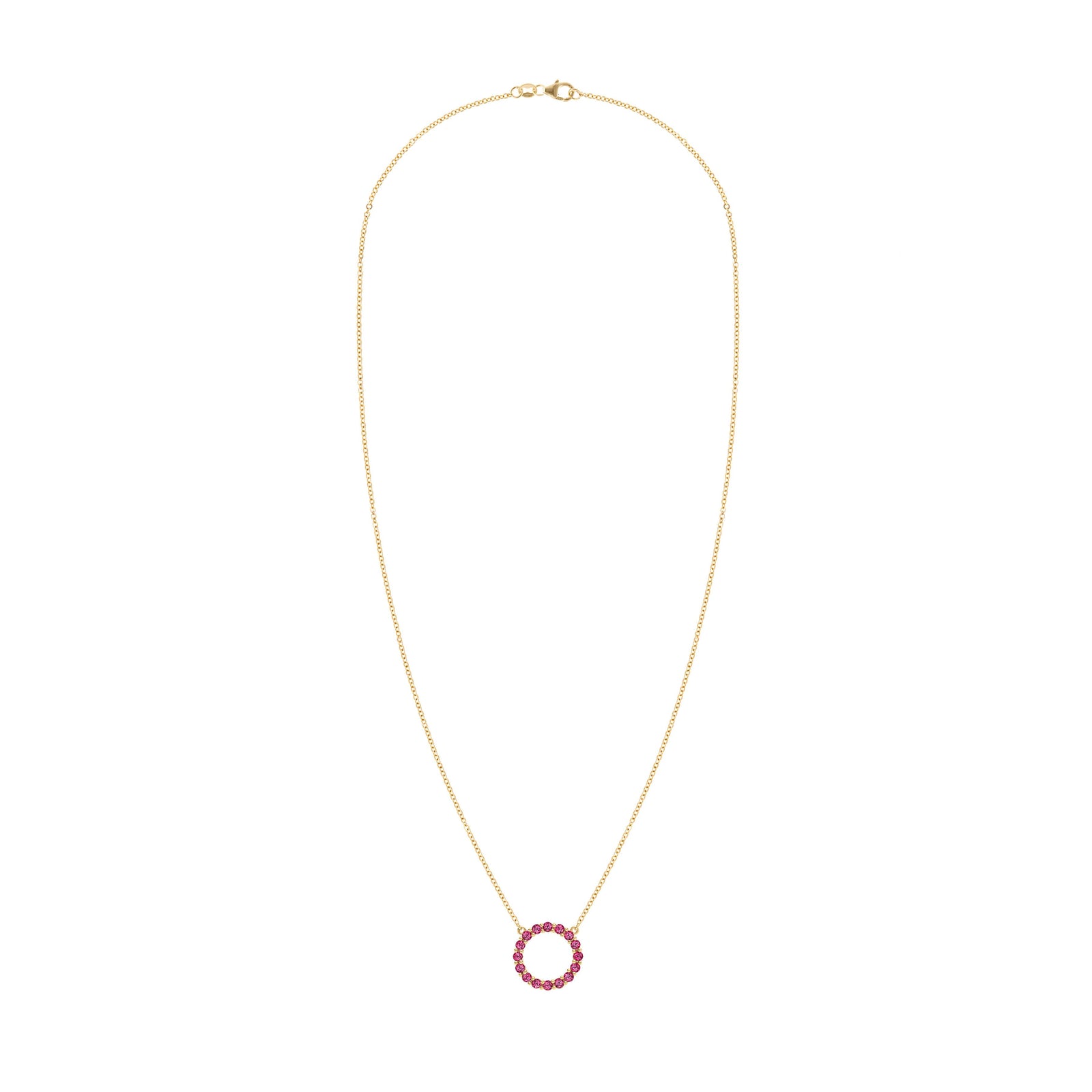 Rosecliff open circle necklace with sixteen 2 mm faceted round cut rubies prong set in 14k yellow gold