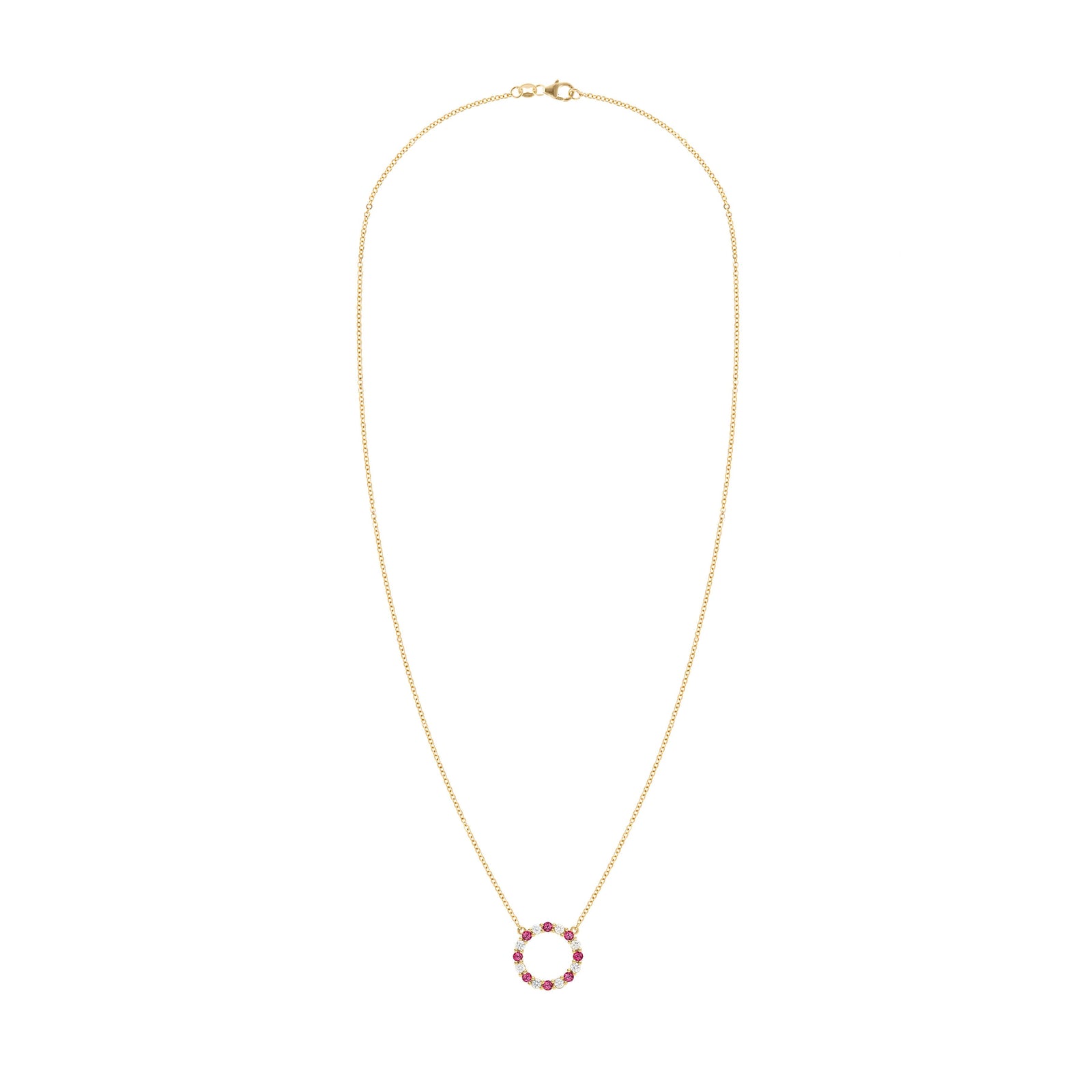 Rosecliff open circle necklace with sixteen alternating 2 mm round cut rubies & diamonds prong set in 14k yellow gold