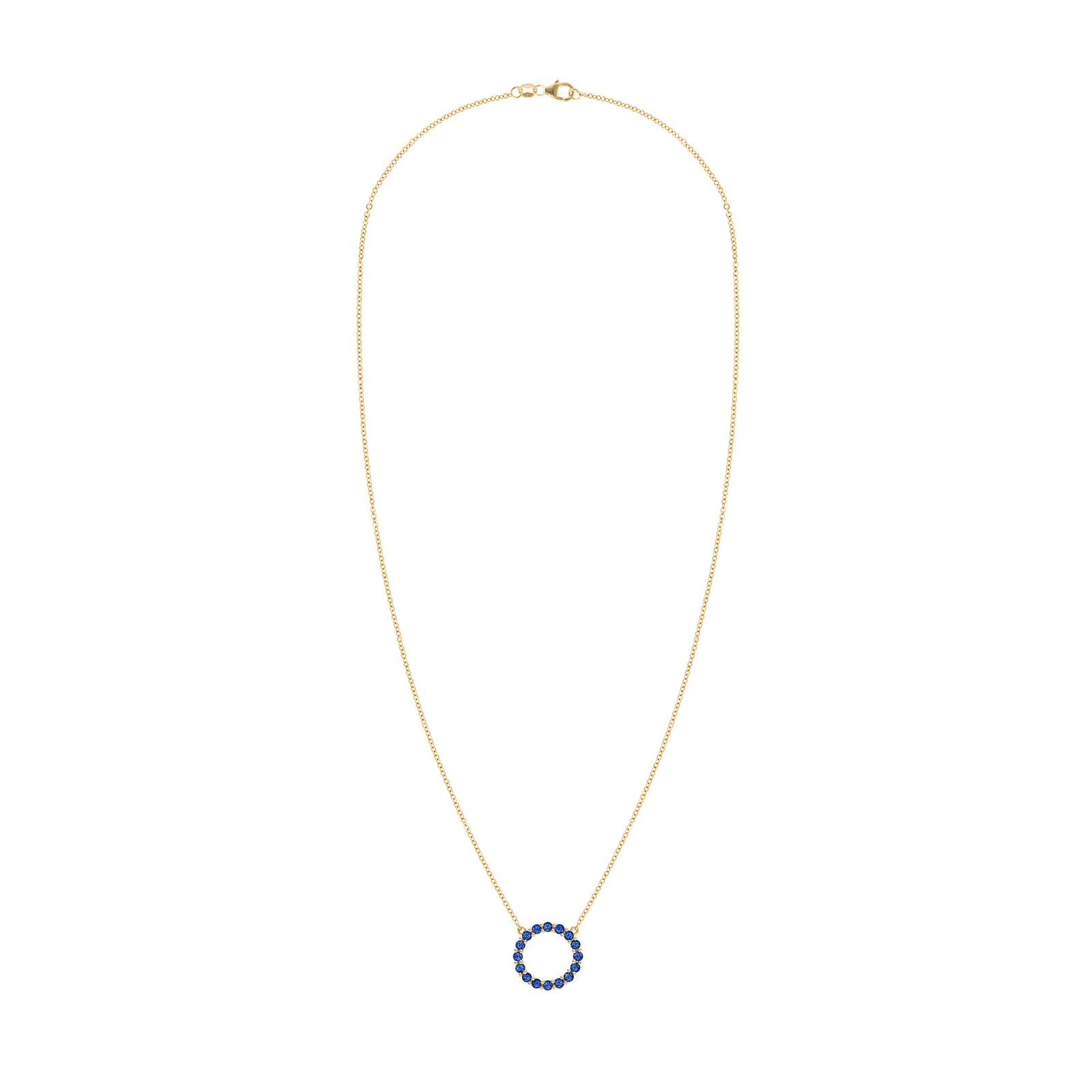 Rosecliff open circle necklace with sixteen 2 mm faceted round cut sapphires prong set in 14k yellow gold