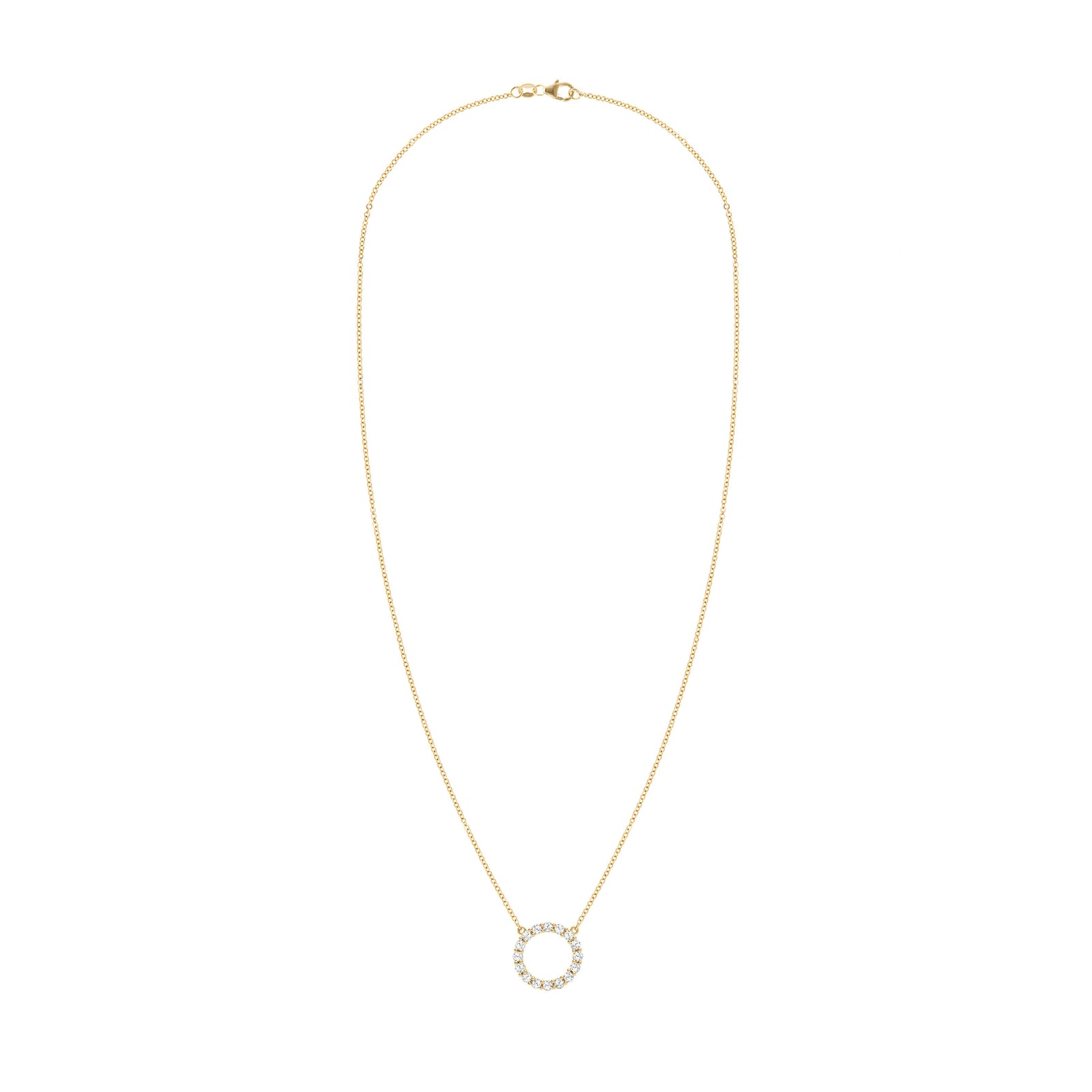Rosecliff open circle necklace with sixteen 2 mm faceted round cut white topaz prong set in 14k yellow gold
