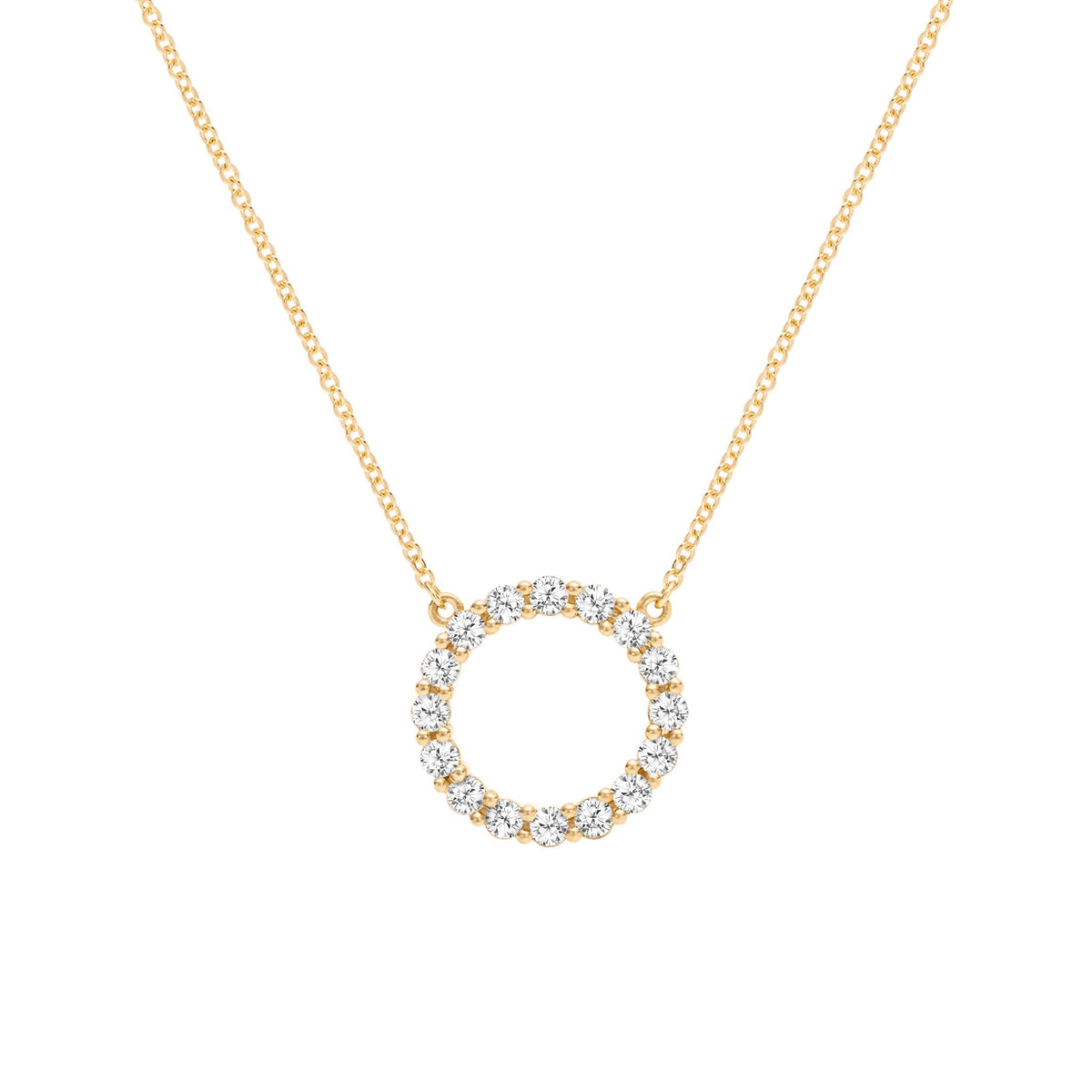 Rosecliff open circle necklace with sixteen 2 mm faceted round cut white topaz prong set in 14k yellow gold - front view