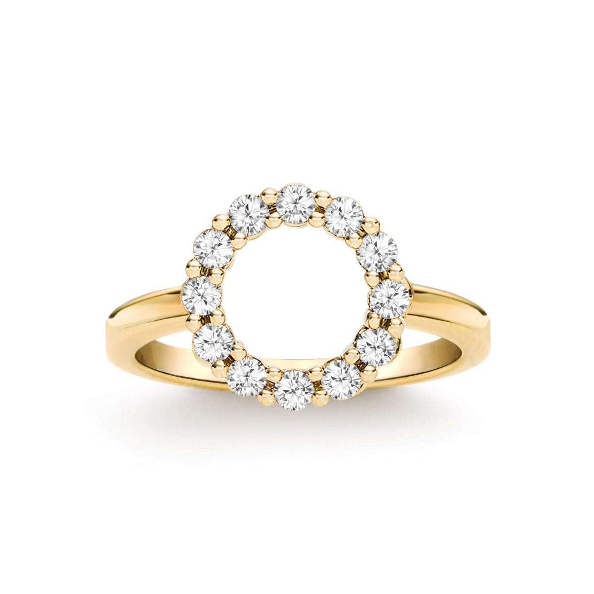Rosecliff small open circle ring featuring twelve 2 mm round cut white topaz prong set in 14k yellow gold - front view
