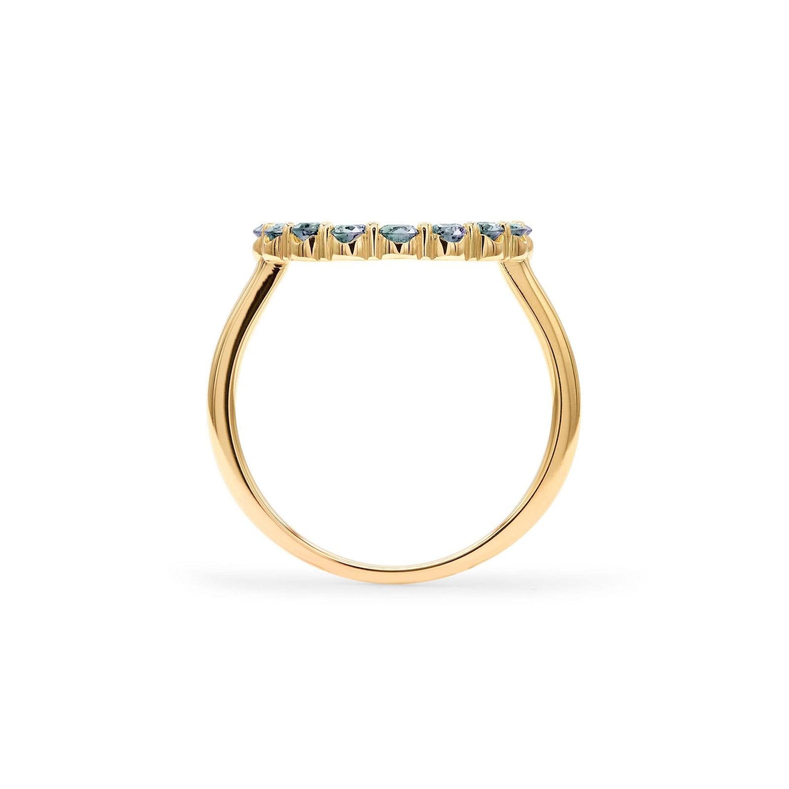 Rosecliff open circle ring featuring sixteen 2 mm faceted round cut alexandrites prong set in 14k yellow gold - standing view