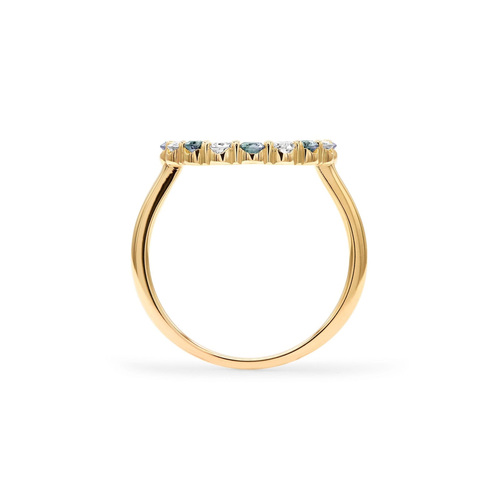 Rosecliff open circle ring featuring alternating 2 mm faceted alexandrites and diamonds prong set in 14k gold - standing view