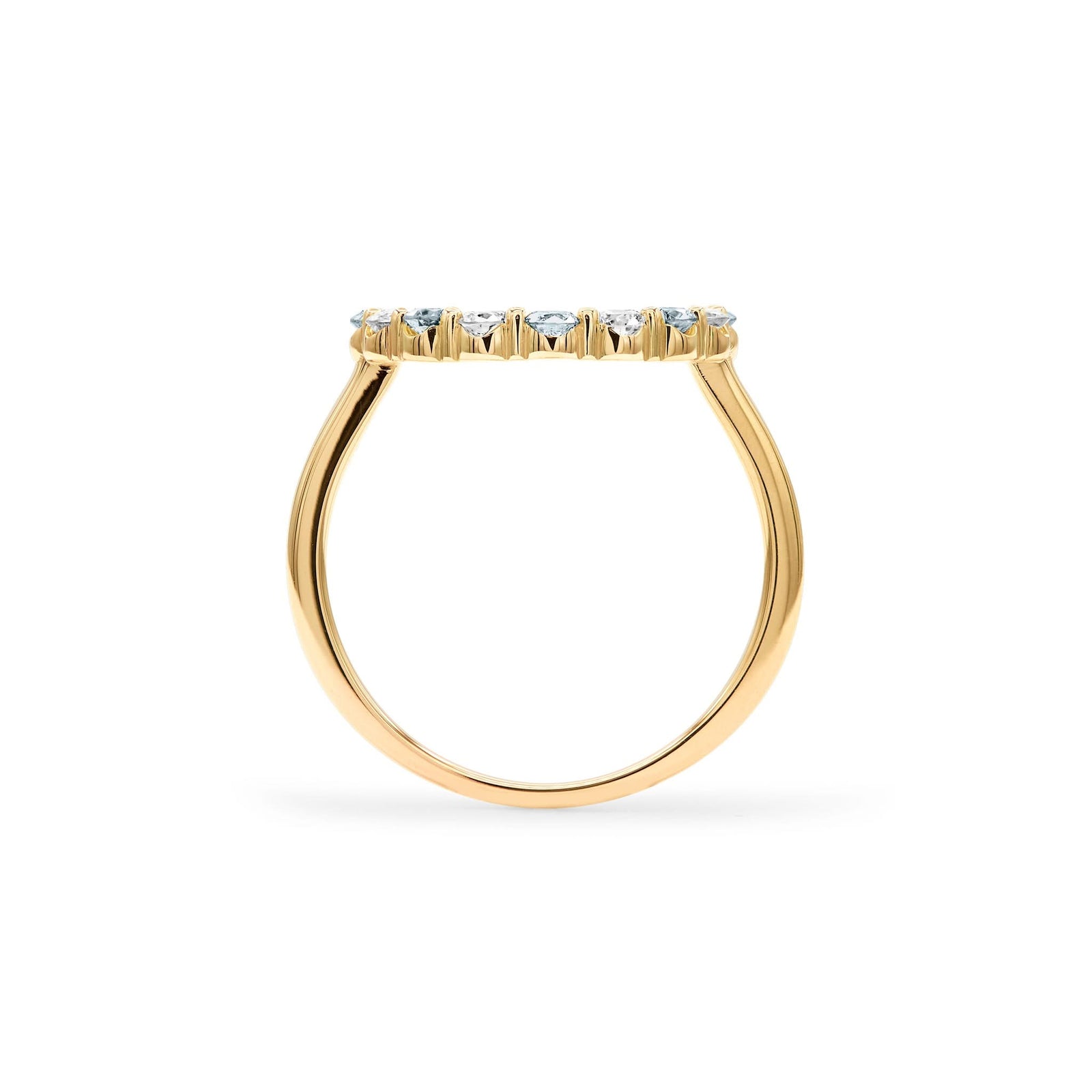 Rosecliff open circle ring featuring alternating 2 mm round cut aquamarines & diamonds prong set in 14k gold - standing view