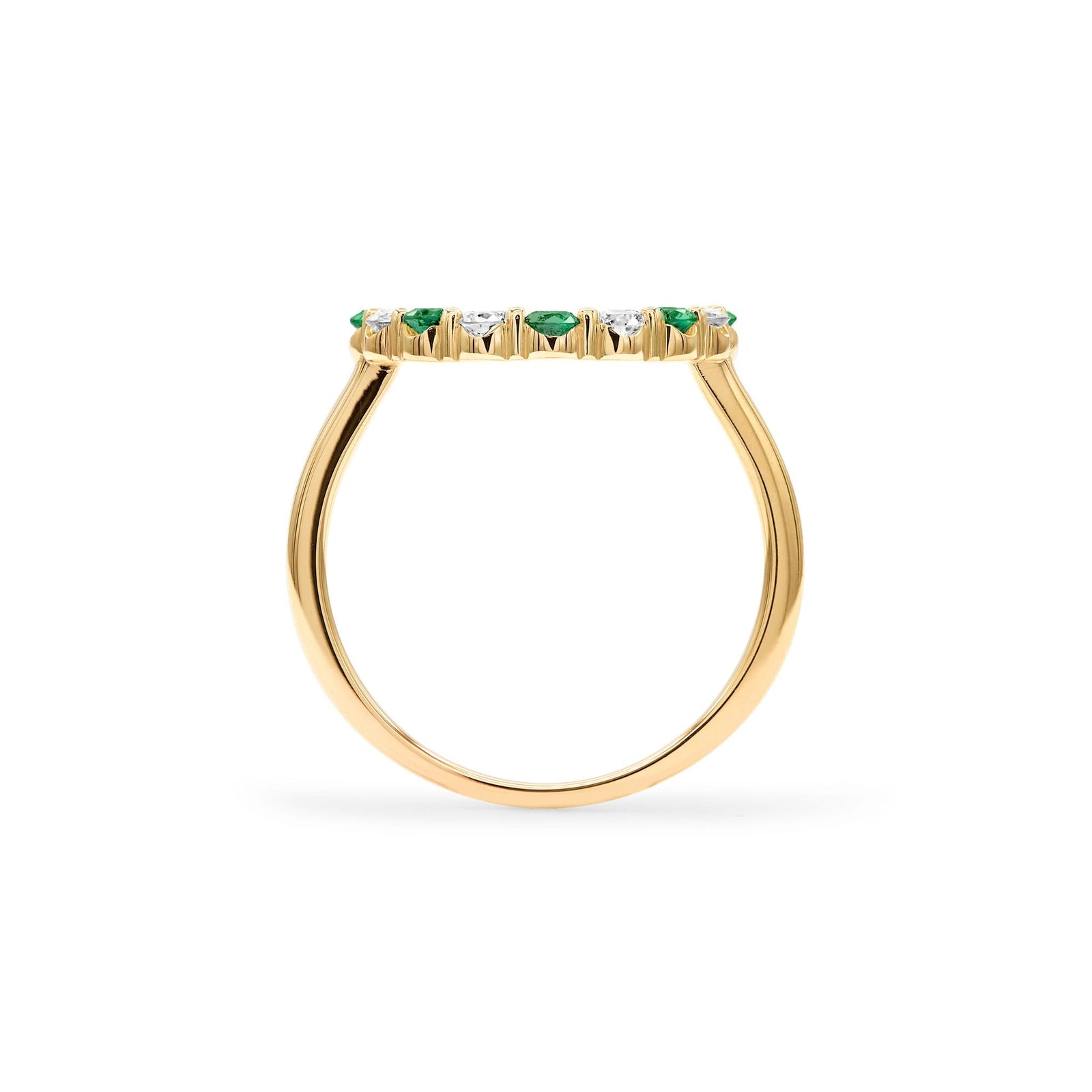 Rosecliff open circle ring featuring alternating 2 mm round cut emeralds and diamonds prong set in 14k gold - standing view