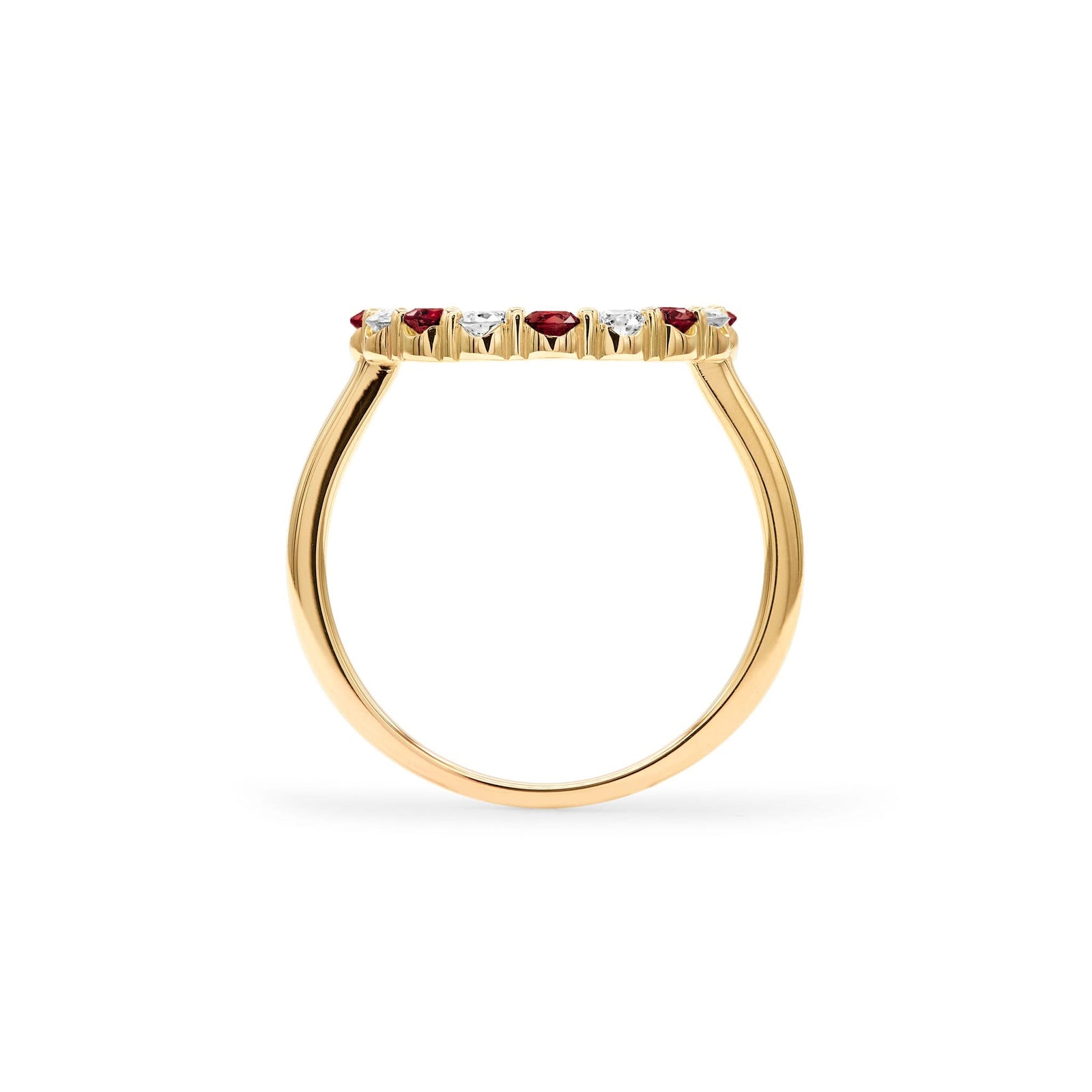 Rosecliff open circle ring featuring alternating 2 mm faceted garnets and diamonds prong set in 14k gold - standing view
