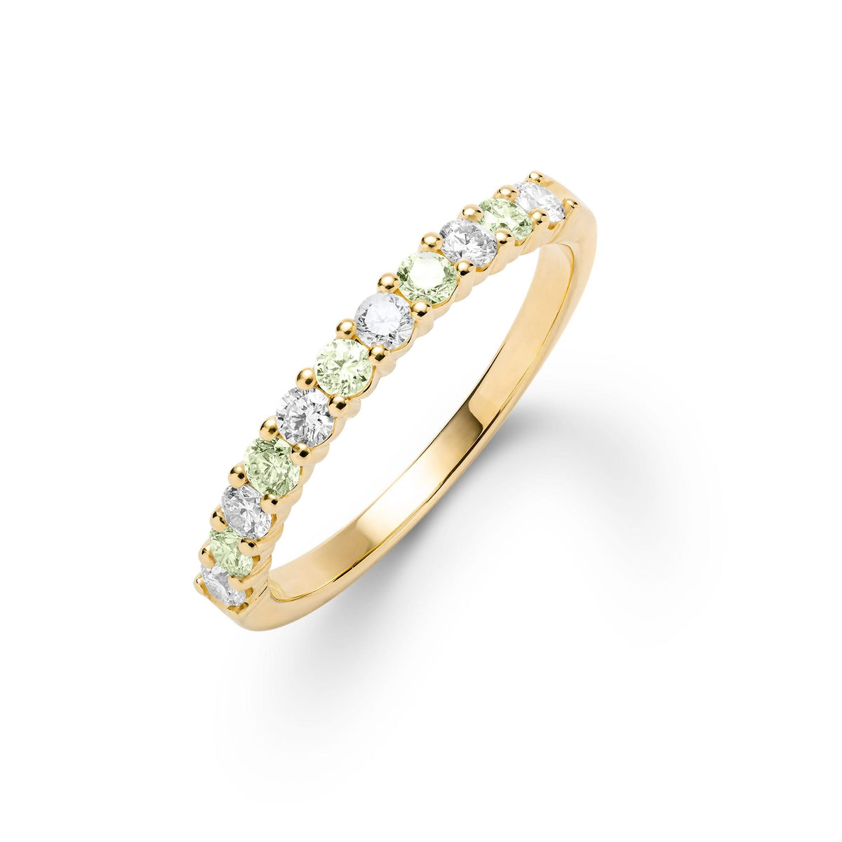 Rosecliff stackable ring featuring eleven alternating 2mm peridots and diamonds prong set in 14k yellow gold - front view