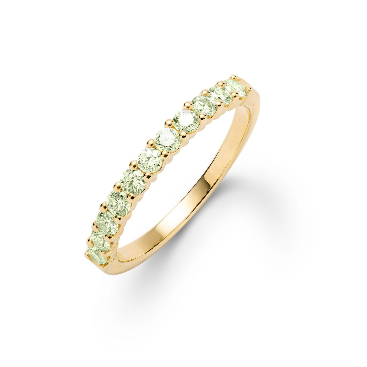 Rosecliff stackable ring featuring eleven 2 mm faceted round cut peridots prong set in 14k yellow gold - front view