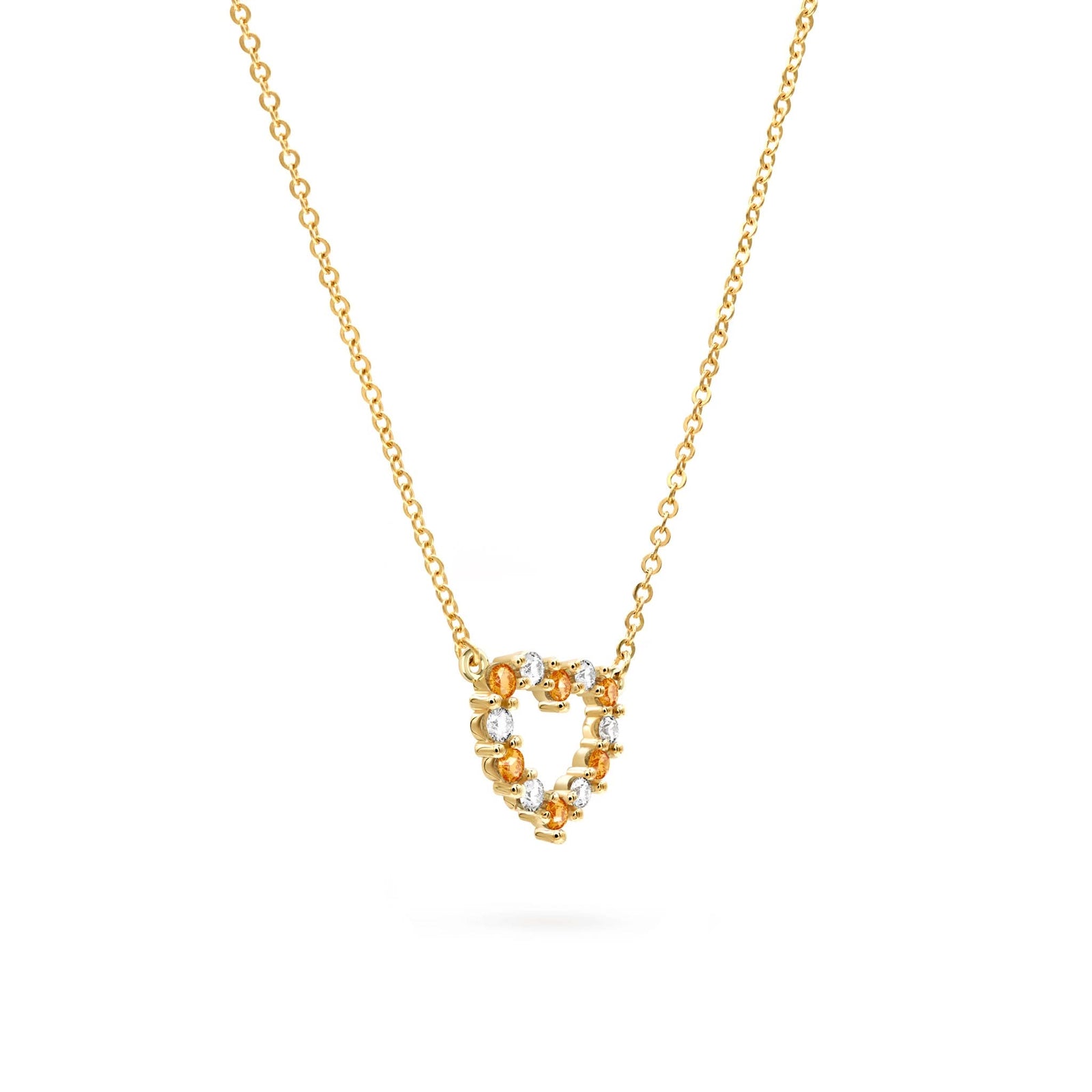 Rosecliff Heart Necklace featuring twelve alternating citrines and diamonds prong set in 14k yellow Gold - angled view