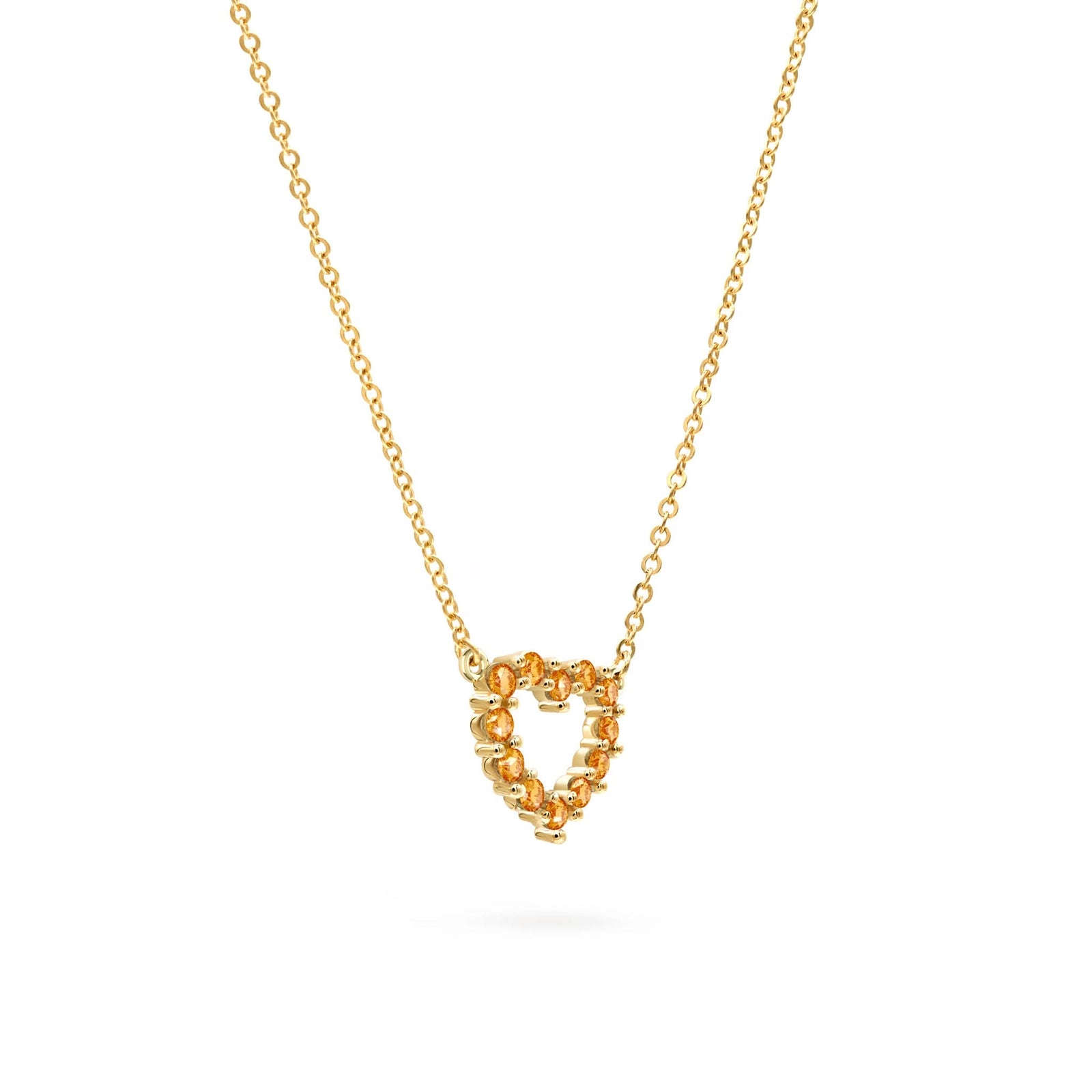 Rosecliff Heart Necklace featuring twelve faceted round cut citrines prong set in 14k yellow Gold - angled view