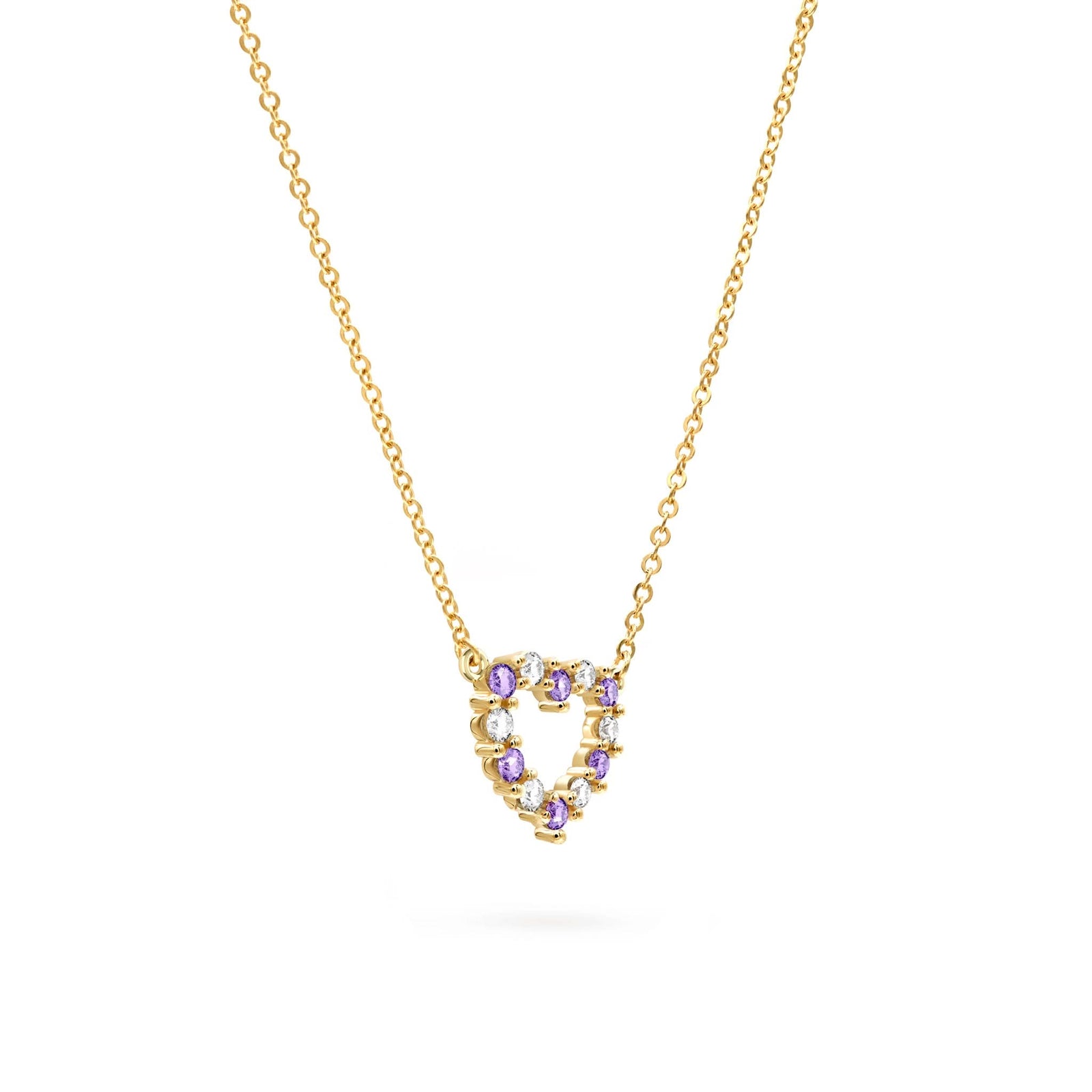 Rosecliff Heart Necklace featuring twelve alternating amethysts and diamonds prong set in 14k yellow Gold - angled view