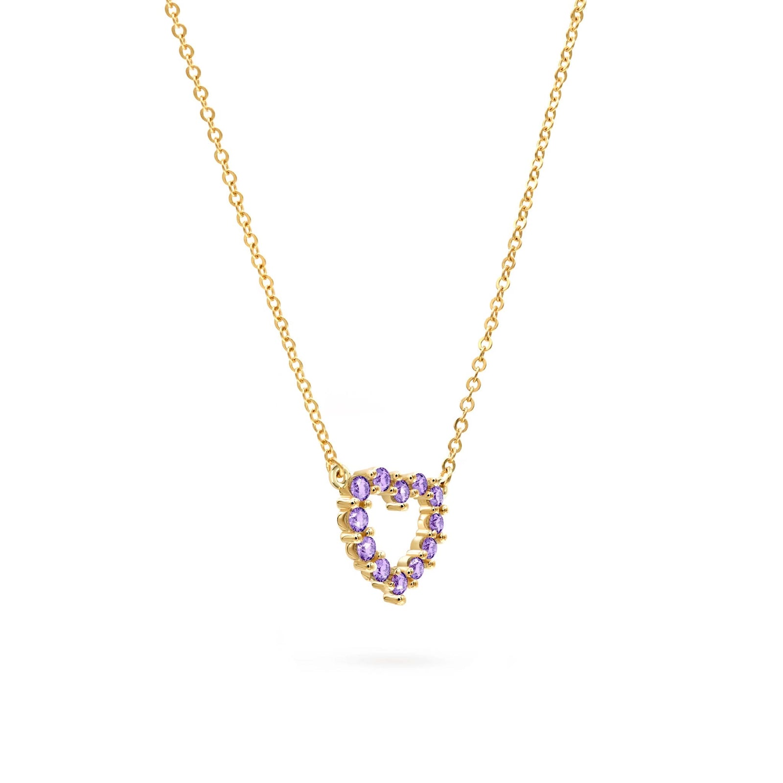 Rosecliff Heart Necklace featuring twelve faceted round cut amethysts prong set in 14k yellow Gold - angled view