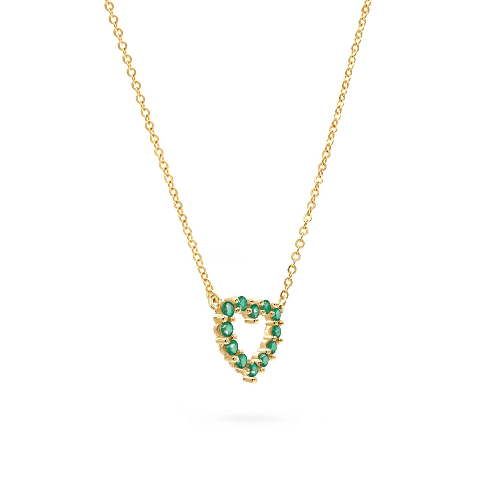 Rosecliff Heart Necklace featuring twelve faceted round cut emeralds prong set in 14k yellow Gold - angled view