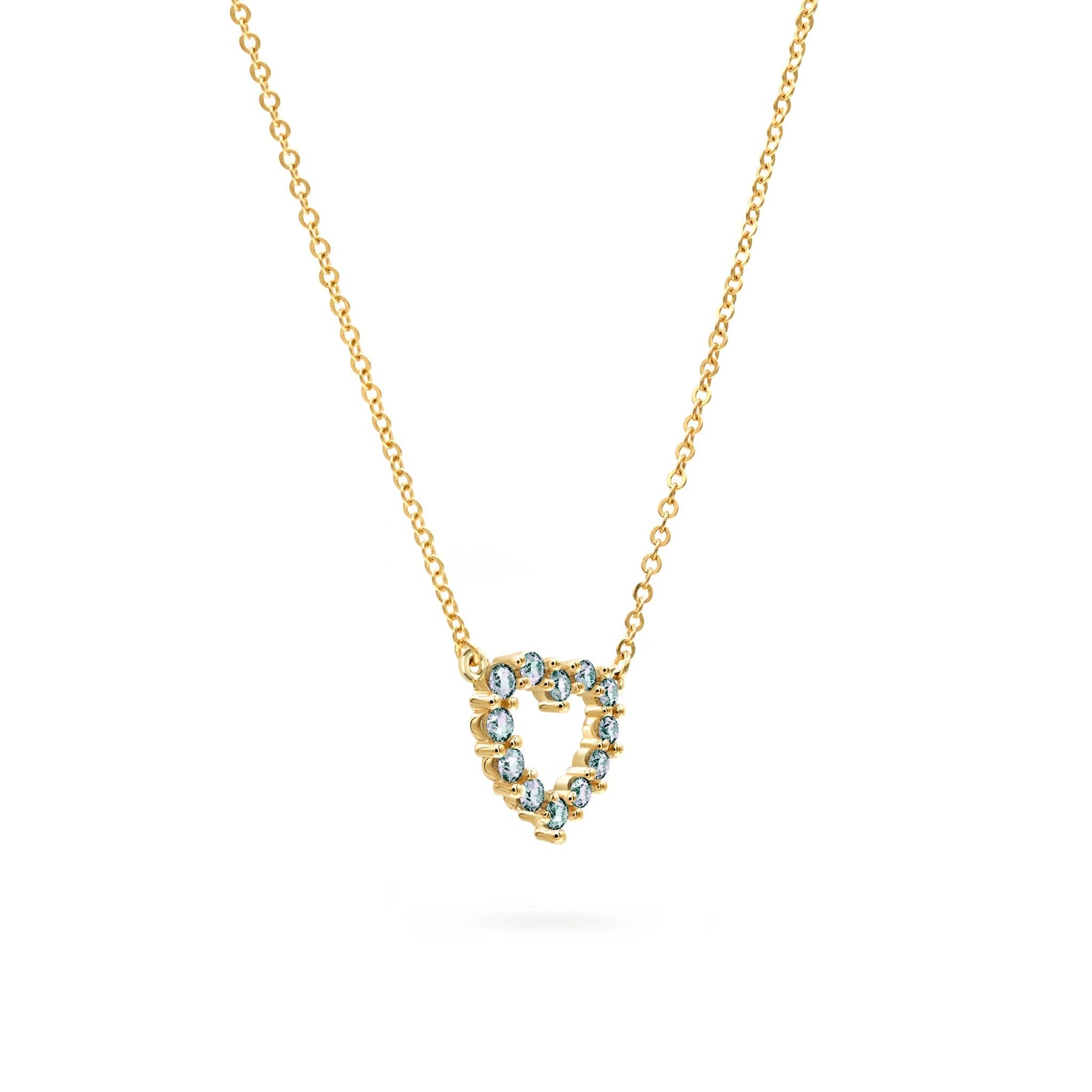 Rosecliff Heart Necklace featuring twelve faceted round cut alexandrites prong set in 14k yellow Gold - angled view