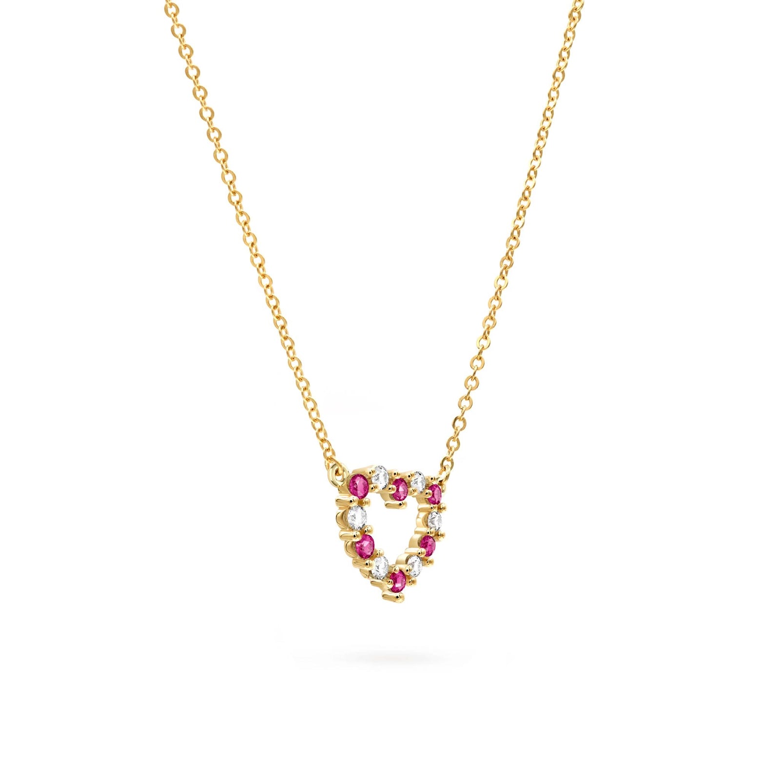 Rosecliff Heart Necklace featuring twelve alternating rubies and diamonds prong set in 14k yellow Gold - angled view