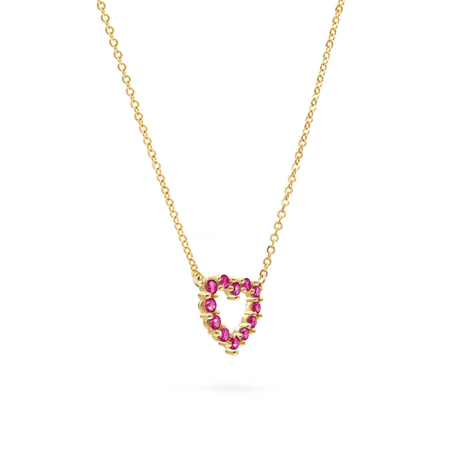 Rosecliff Heart Necklace featuring twelve faceted round cut rubies prong set in 14k yellow Gold - angled view