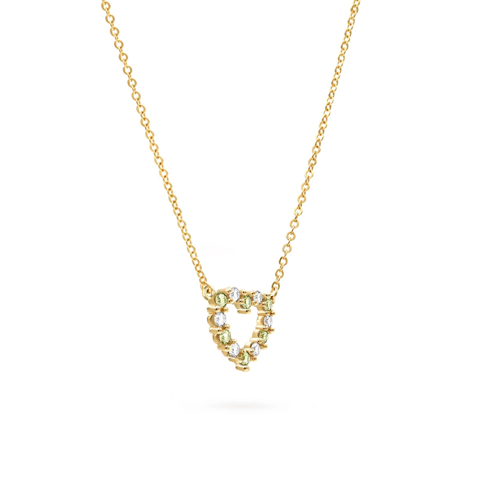Rosecliff Heart Necklace featuring twelve alternating peridots and diamonds prong set in 14k yellow Gold - angled view