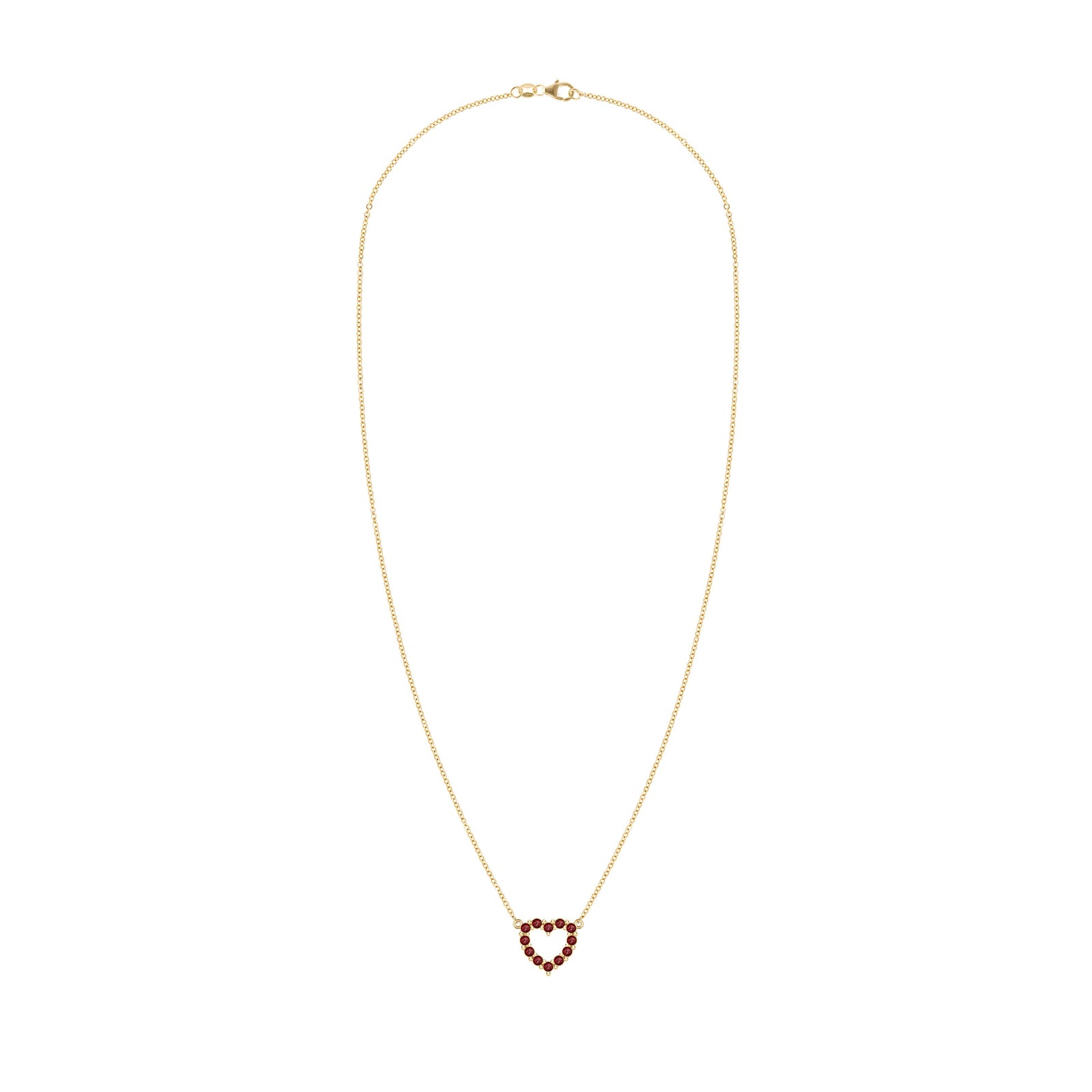 Rosecliff Heart Necklace featuring twelve faceted round cut garnets prong set in 14k yellow Gold
