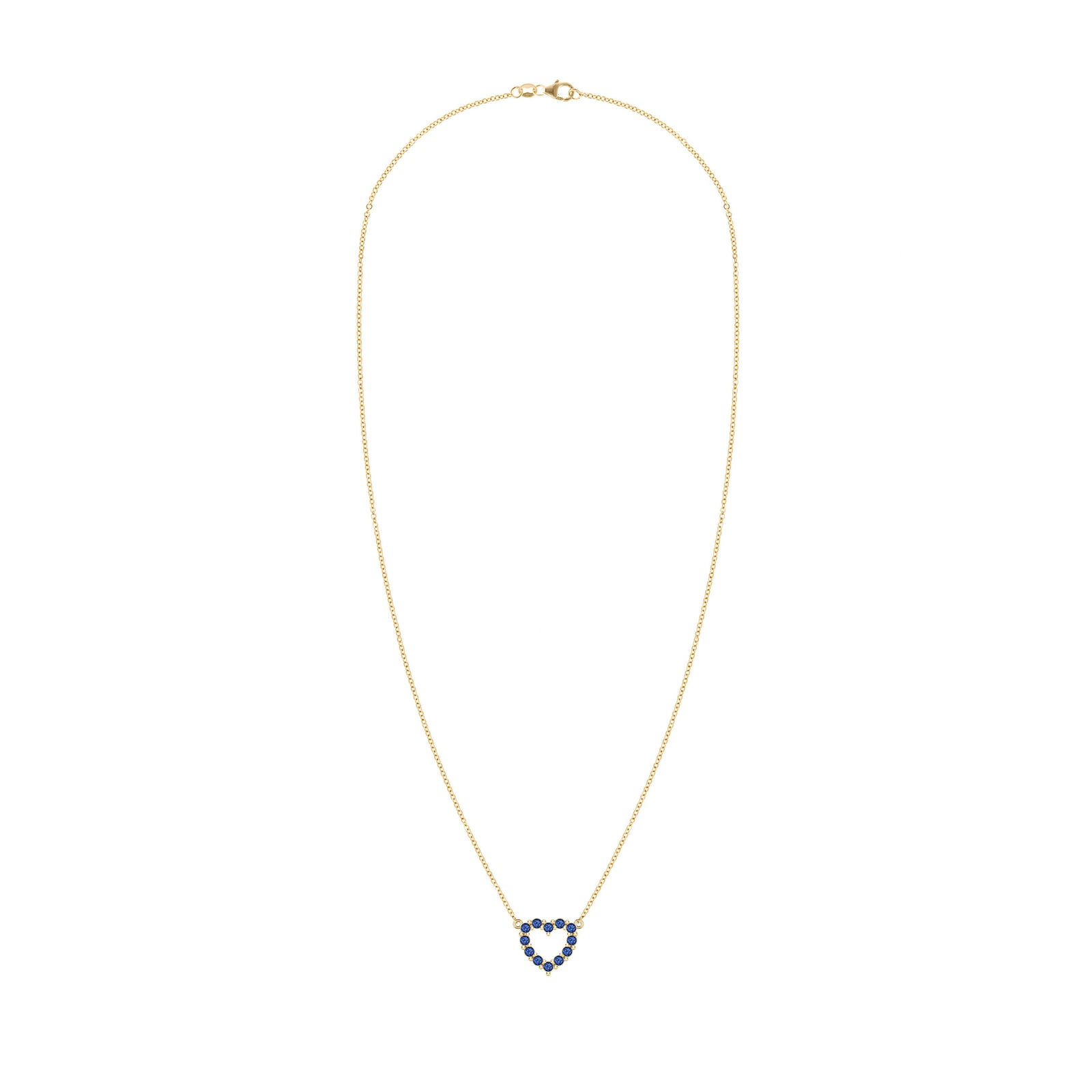 Rosecliff Heart Necklace featuring twelve faceted round cut sapphires prong set in 14k yellow Gold