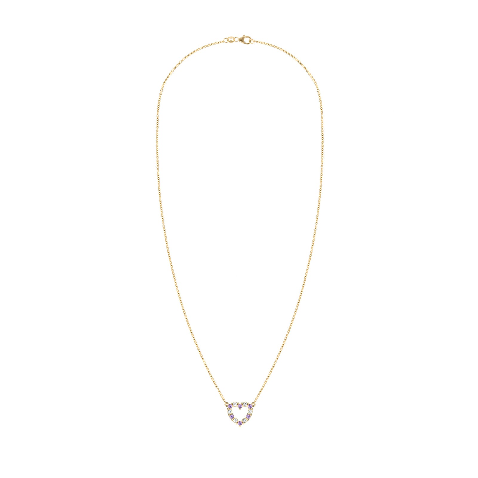Rosecliff Heart Necklace featuring twelve alternating amethysts and diamonds prong set in 14k yellow Gold